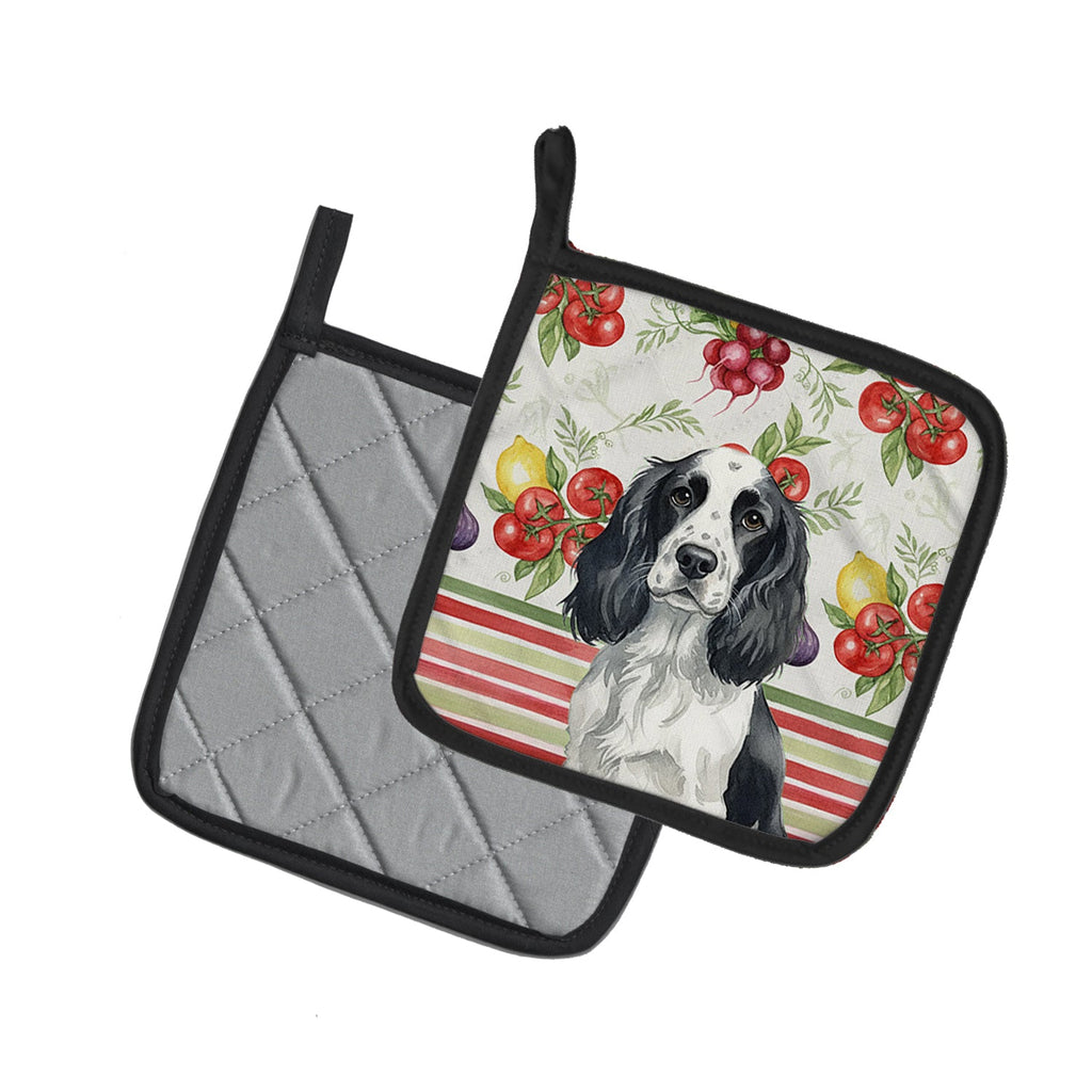 Black and White English Springer Spaniel Vegetables Pot Holder Set of 2 Heat Resistant Quilted Hot Pads 7.5 x 7.5 Inch, Insulated Kitchen Trivets for Cooking & Baking
