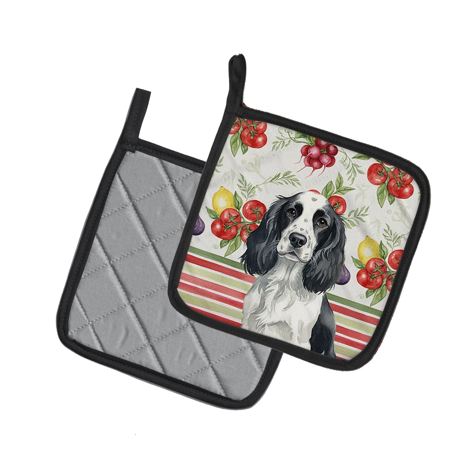 Black and White English Springer Spaniel Vegetables Pot Holder Set of 2 Heat Resistant Quilted Hot Pads 7.5 x 7.5 Inch, Insulated Kitchen Trivets for Cooking & Baking