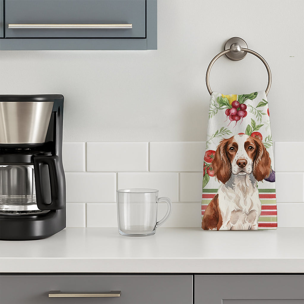 Liver and White English Springer Spaniel Vegetables Kitchen Towel Velour Plush Front and Cotton Loop Back Machine Washable