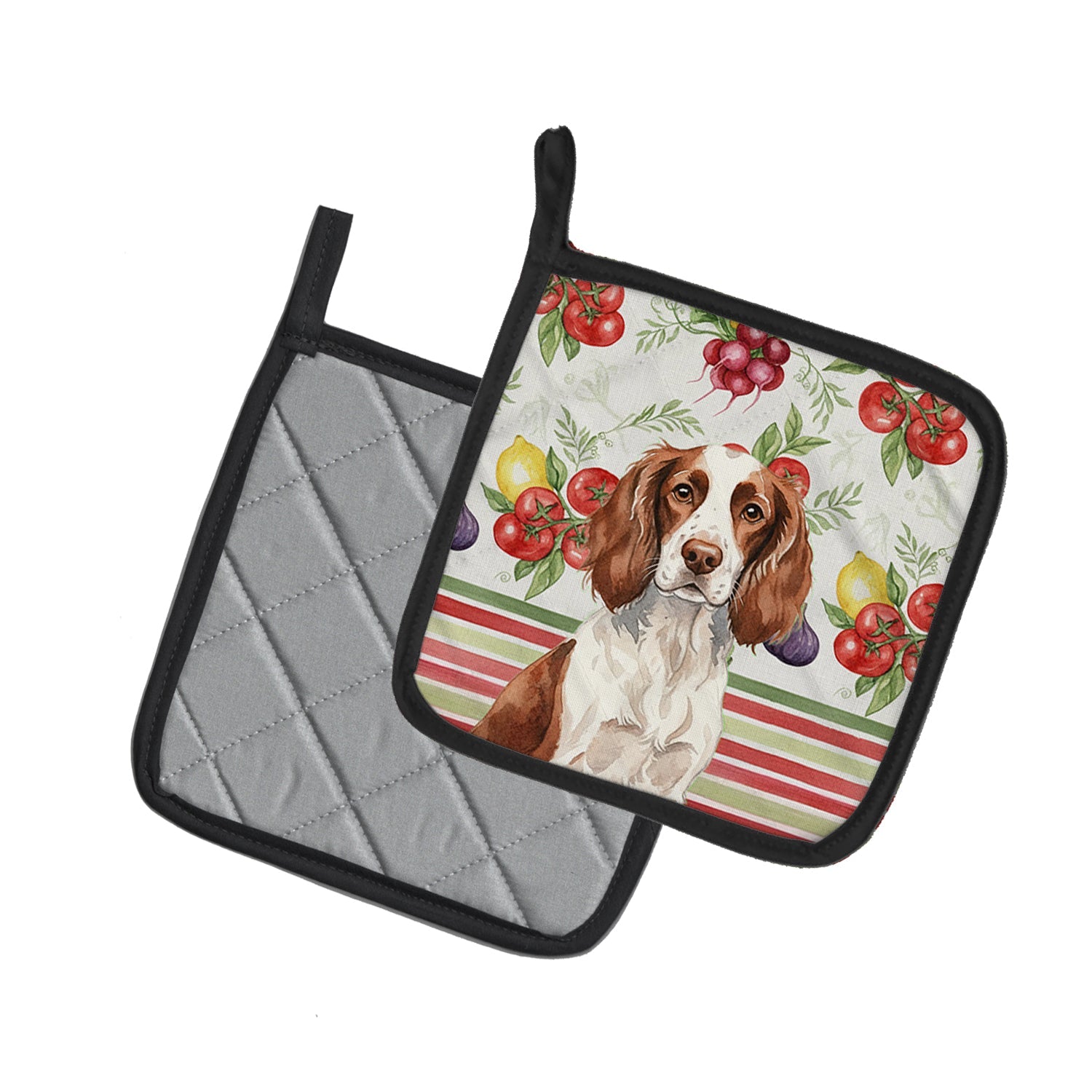 Liver and White English Springer Spaniel Vegetables Pot Holder Set of 2 Heat Resistant Quilted Hot Pads 7.5 x 7.5 Inch, Insulated Kitchen Trivets for Cooking & Baking