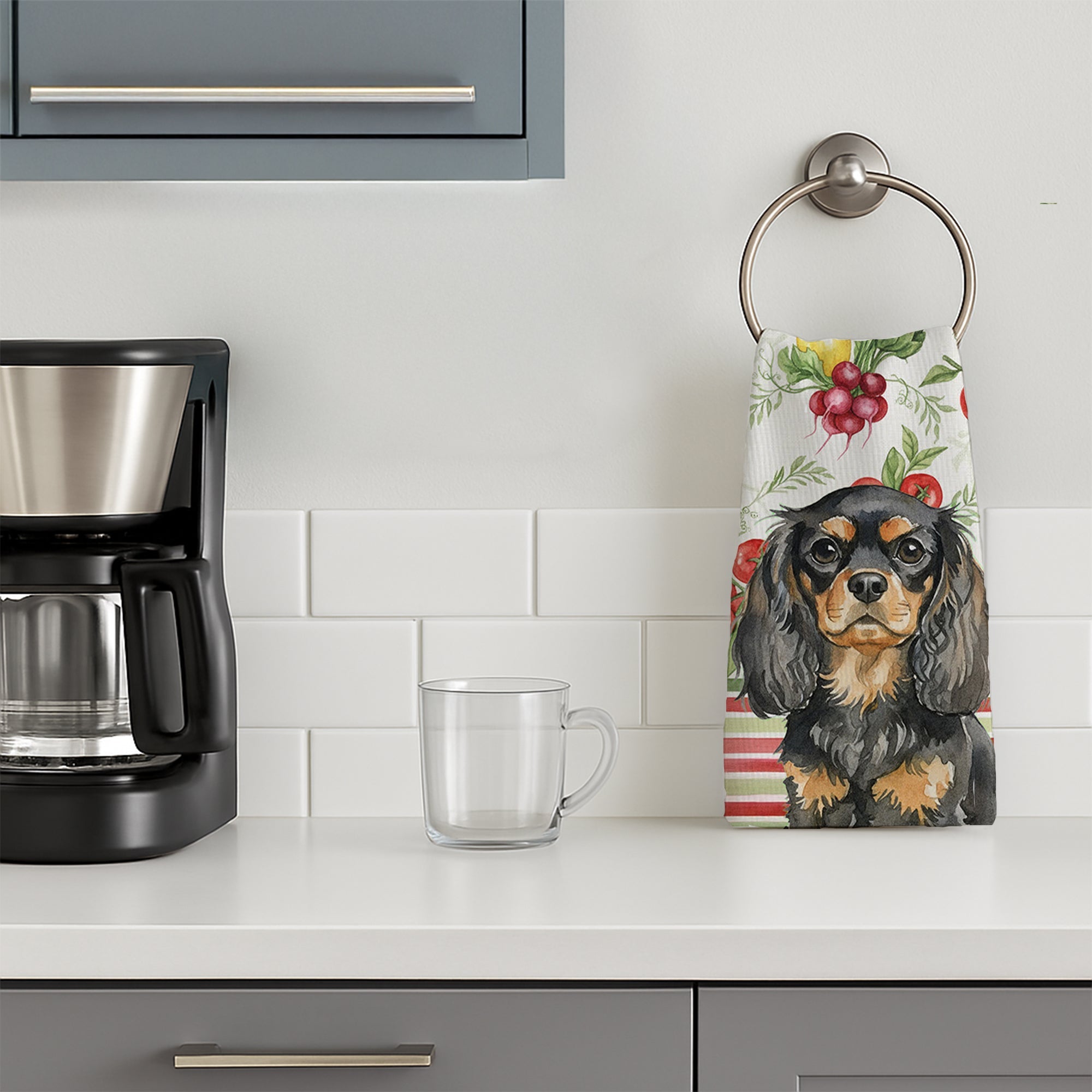 Black and Tan English Toy Spaniel Vegetables Kitchen Towel Velour Plush Front and Cotton Loop Back Machine Washable