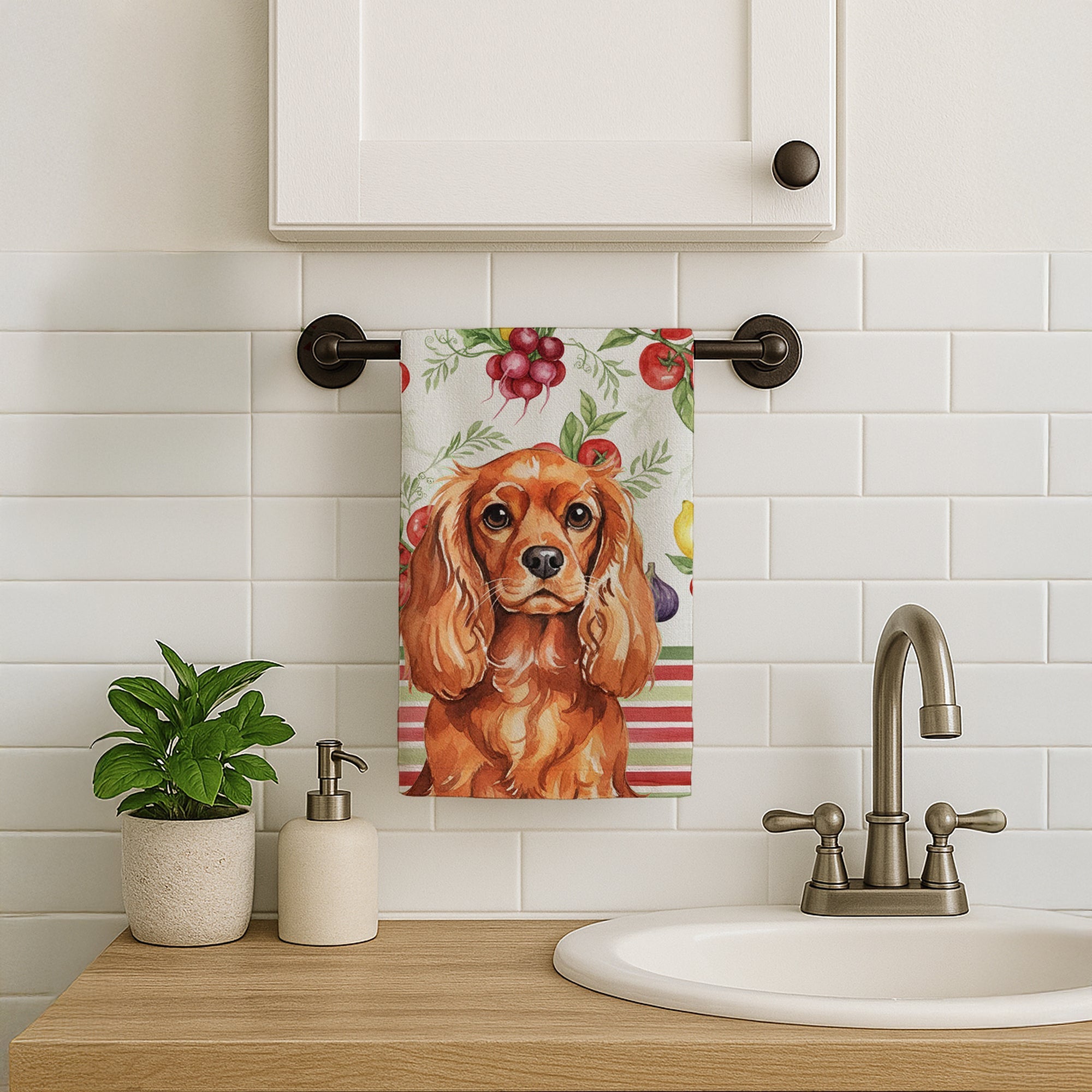 Ruby English Toy Spaniel Vegetables Kitchen Towel Velour Plush Front and Cotton Loop Back Machine Washable