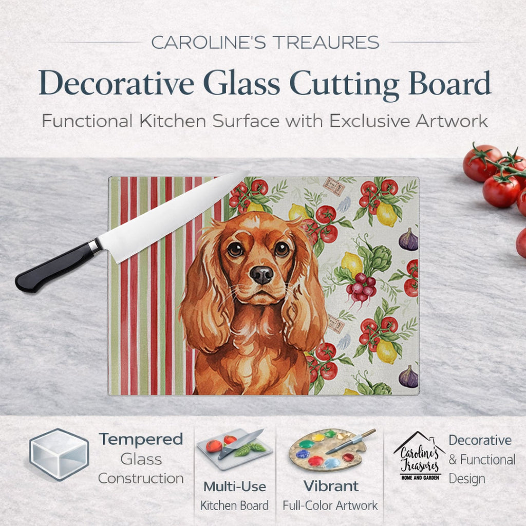 Ruby English Toy Spaniel Vegetables Cutting Board Tempered Glass Kitchen Cutting Surface, Heat Resistant Chopping, Non-Slip Feet, Food Prep & Serving