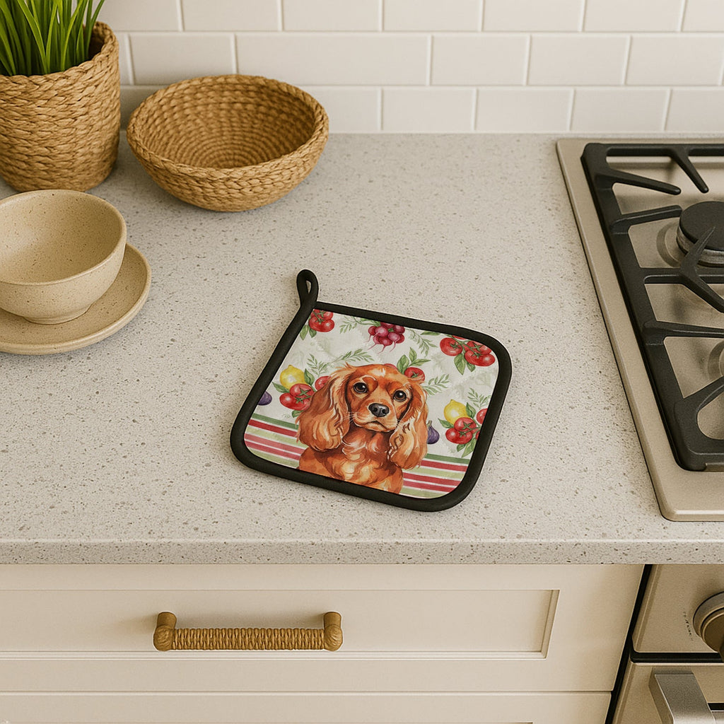 Ruby English Toy Spaniel Vegetables Pot Holder Set of 2 Heat Resistant Quilted Hot Pads 7.5 x 7.5 Inch, Insulated Kitchen Trivets for Cooking & Baking