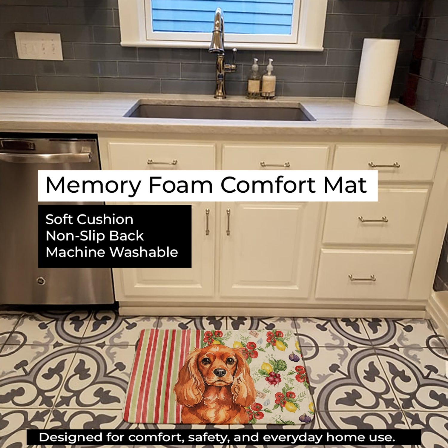 Ruby English Toy Spaniel Vegetables Memory Foam Kitchen Mat Machine Washable Anti-Fatigue Cushion Comfort Bath or Kitchen Rug