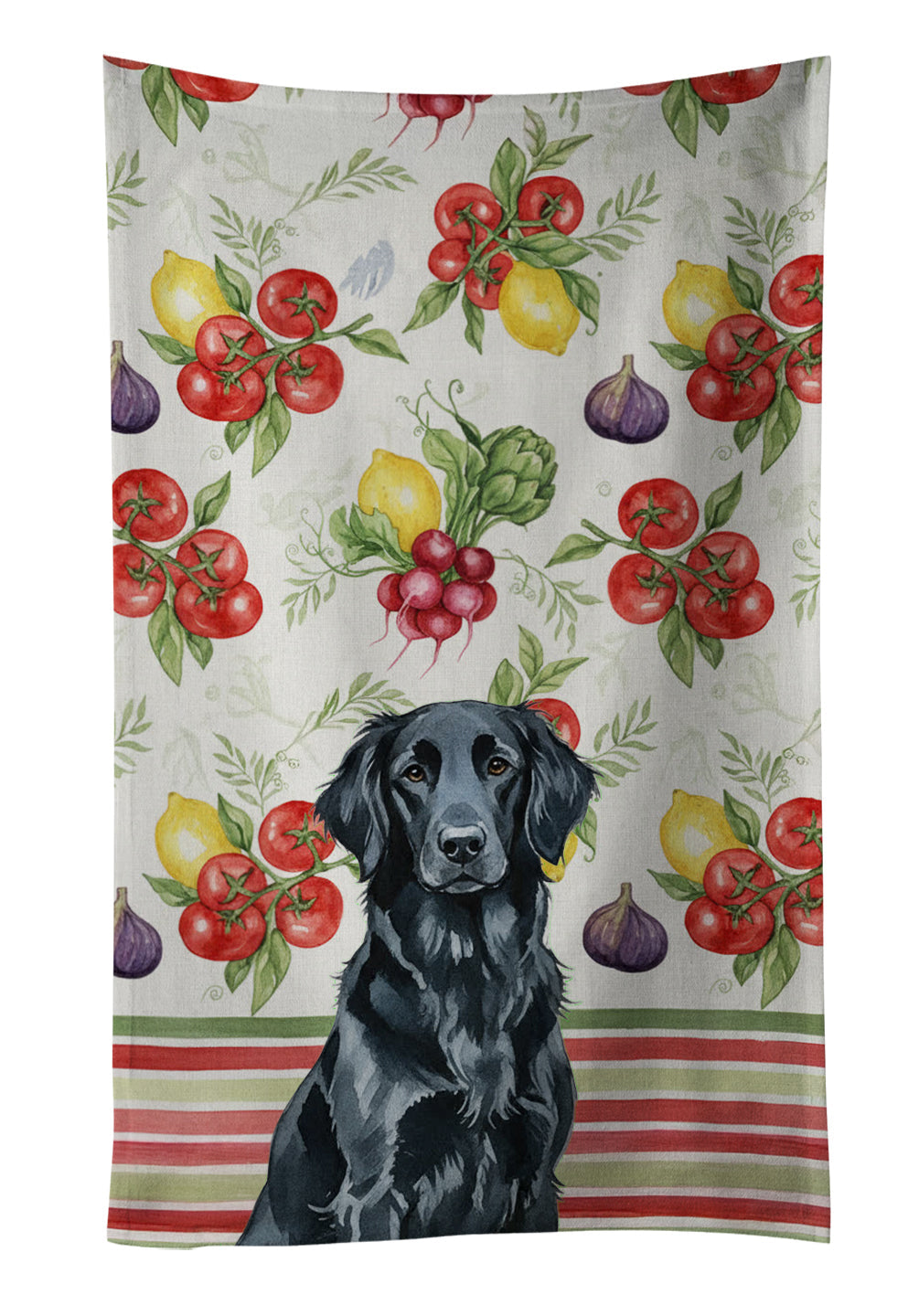 Black Flat-Coated Retriever Vegetables Kitchen Towel Velour Plush Front and Cotton Loop Back Machine Washable