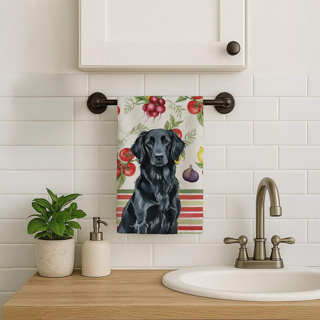 Black Flat-Coated Retriever Vegetables Kitchen Towel Velour Plush Front and Cotton Loop Back Machine Washable