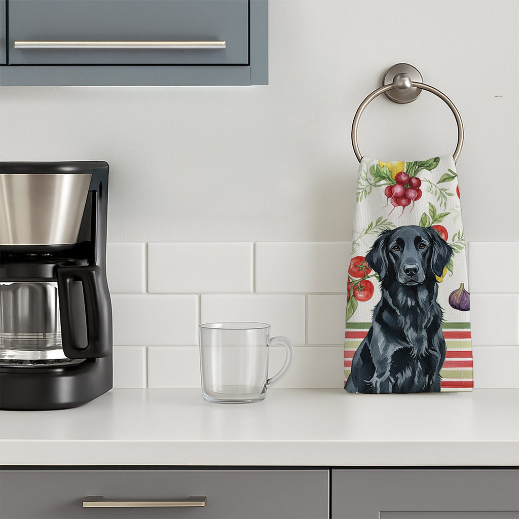 Black Flat-Coated Retriever Vegetables Kitchen Towel Velour Plush Front and Cotton Loop Back Machine Washable