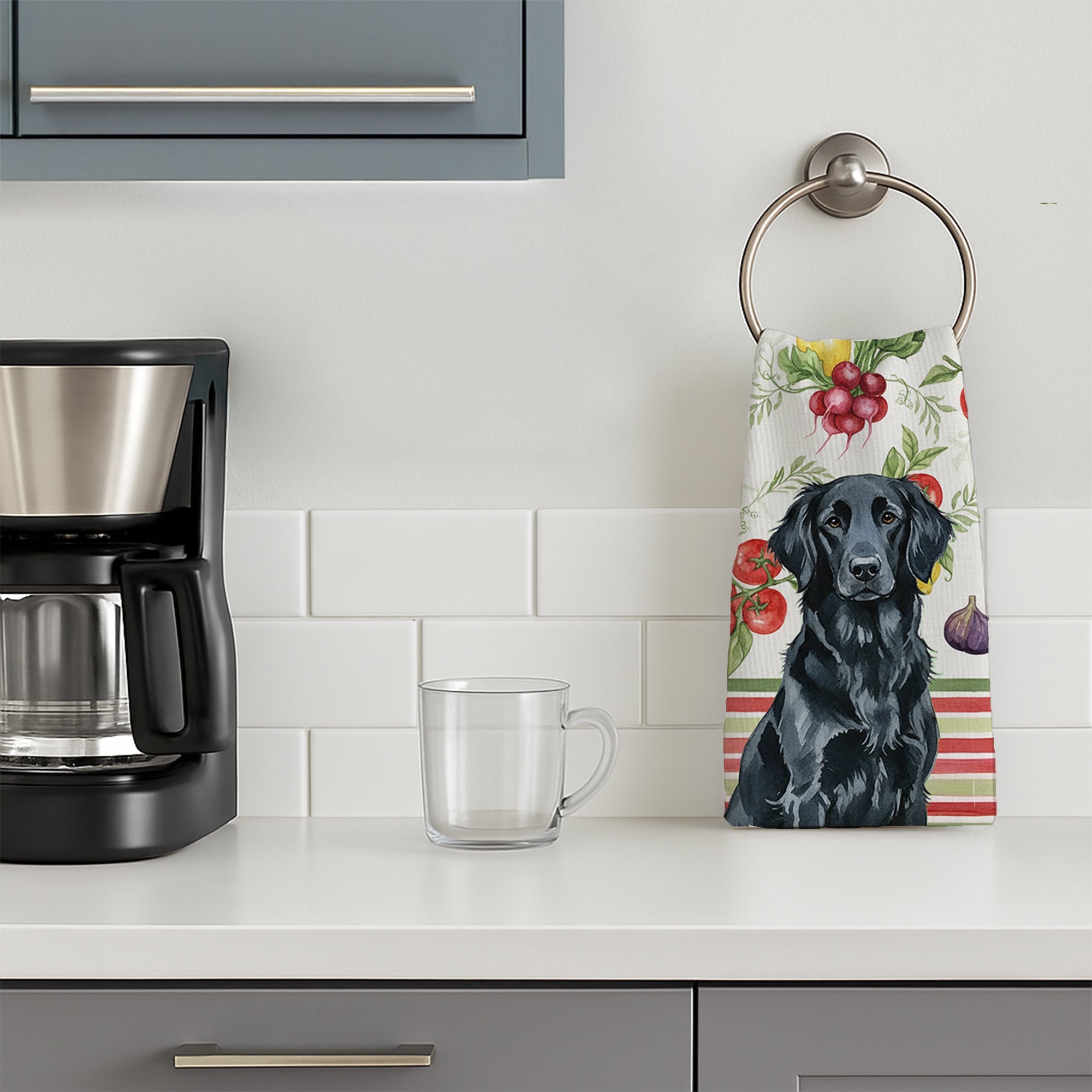 Black Flat-Coated Retriever Vegetables Kitchen Towel Velour Plush Front and Cotton Loop Back Machine Washable