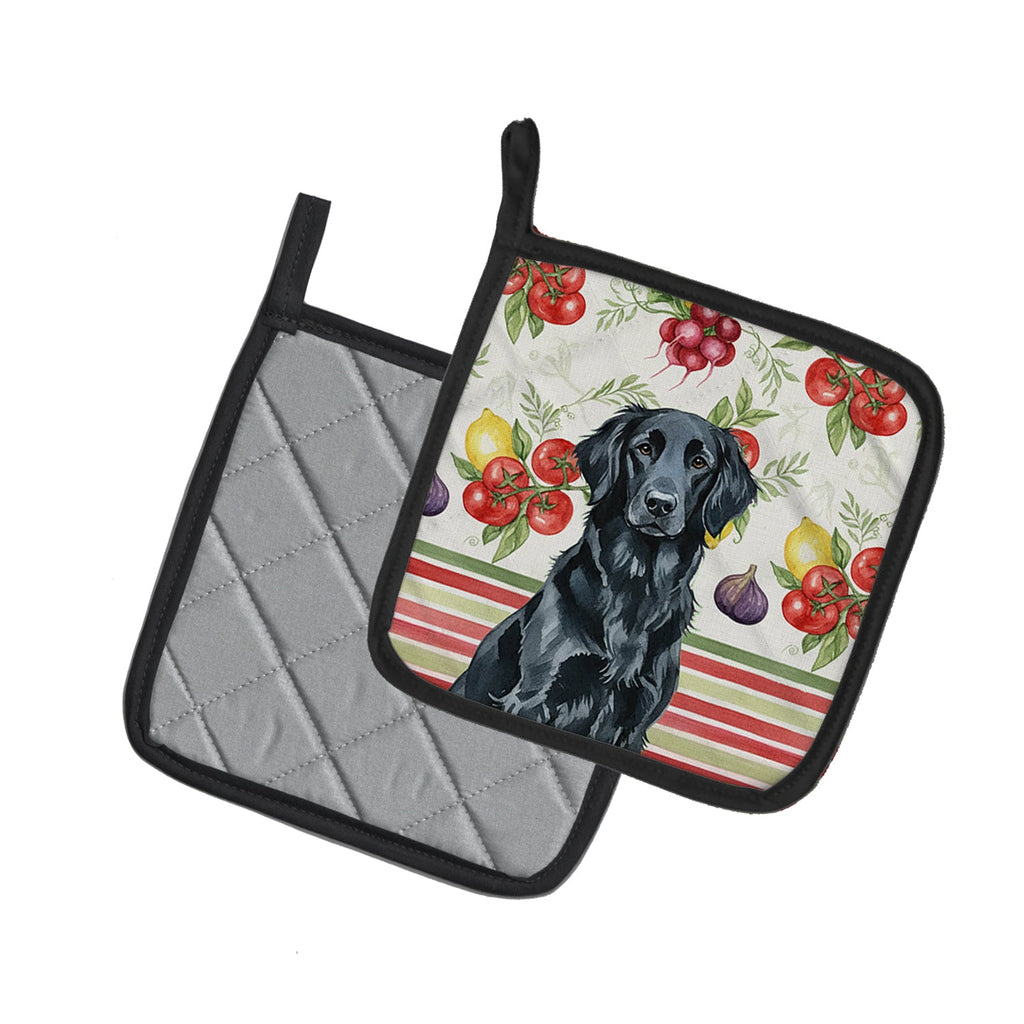 Black Flat-Coated Retriever Vegetables Pot Holder Set of 2 Heat Resistant Quilted Hot Pads 7.5 x 7.5 Inch, Insulated Kitchen Trivets for Cooking & Baking