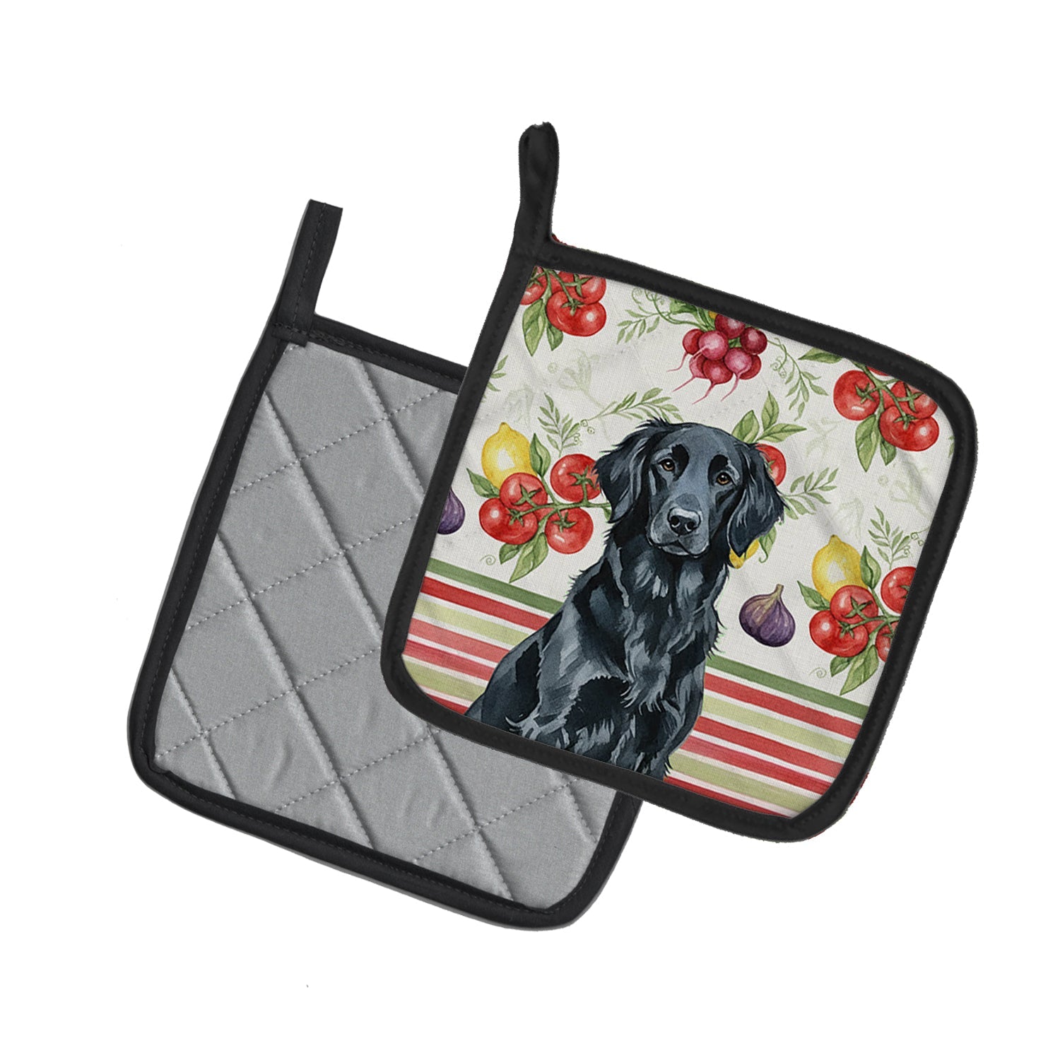 Black Flat-Coated Retriever Vegetables Pot Holder Set of 2 Heat Resistant Quilted Hot Pads 7.5 x 7.5 Inch, Insulated Kitchen Trivets for Cooking & Baking