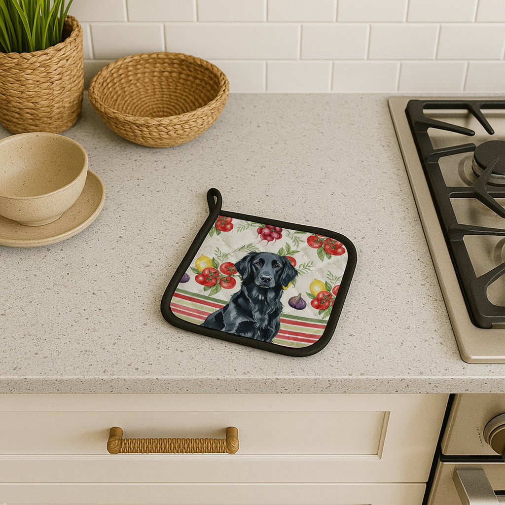 Black Flat-Coated Retriever Vegetables Pot Holder Set of 2 Heat Resistant Quilted Hot Pads 7.5 x 7.5 Inch, Insulated Kitchen Trivets for Cooking & Baking