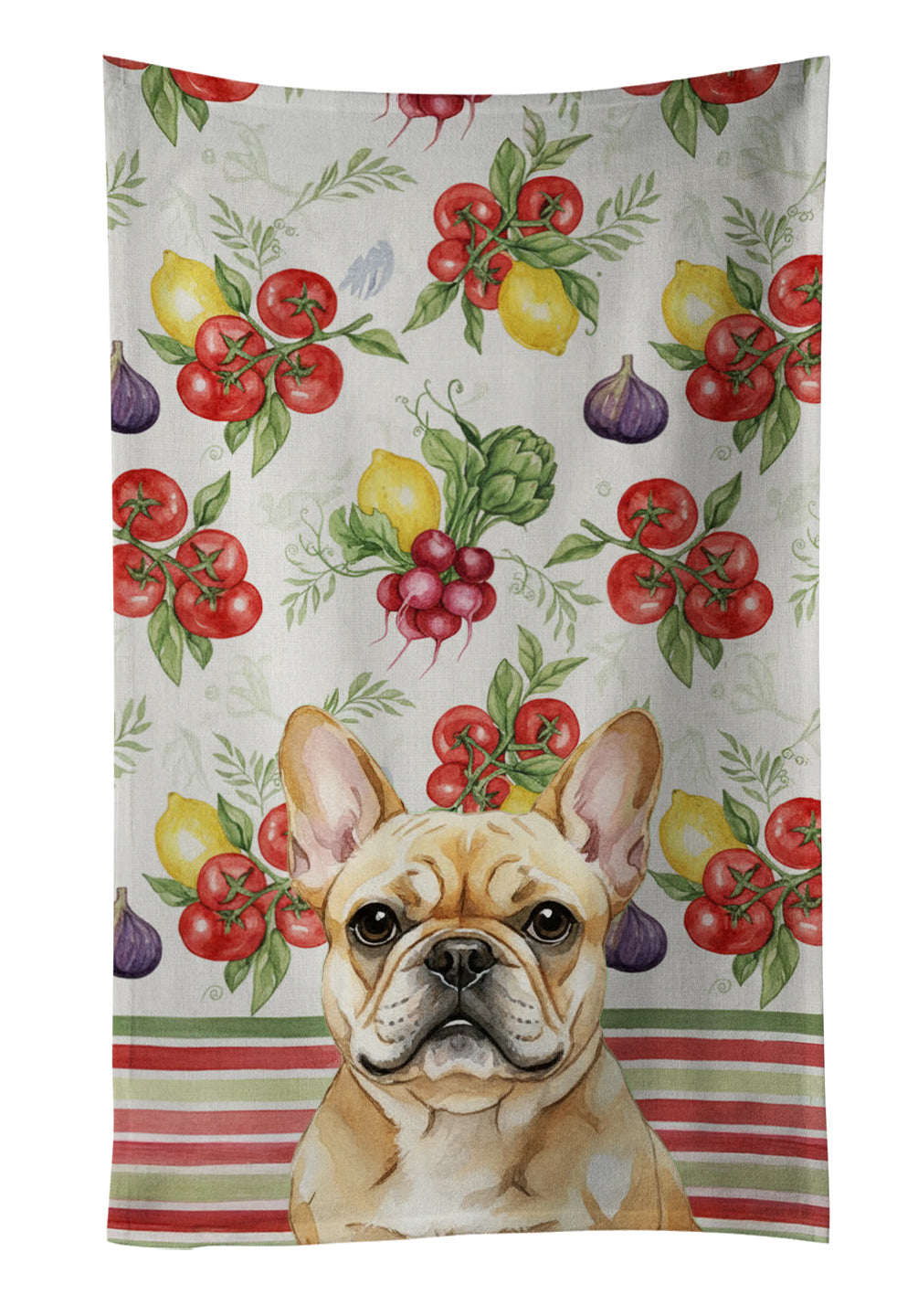 Fawn French Bulldog Vegetables Kitchen Towel Velour Plush Front and Cotton Loop Back Machine Washable