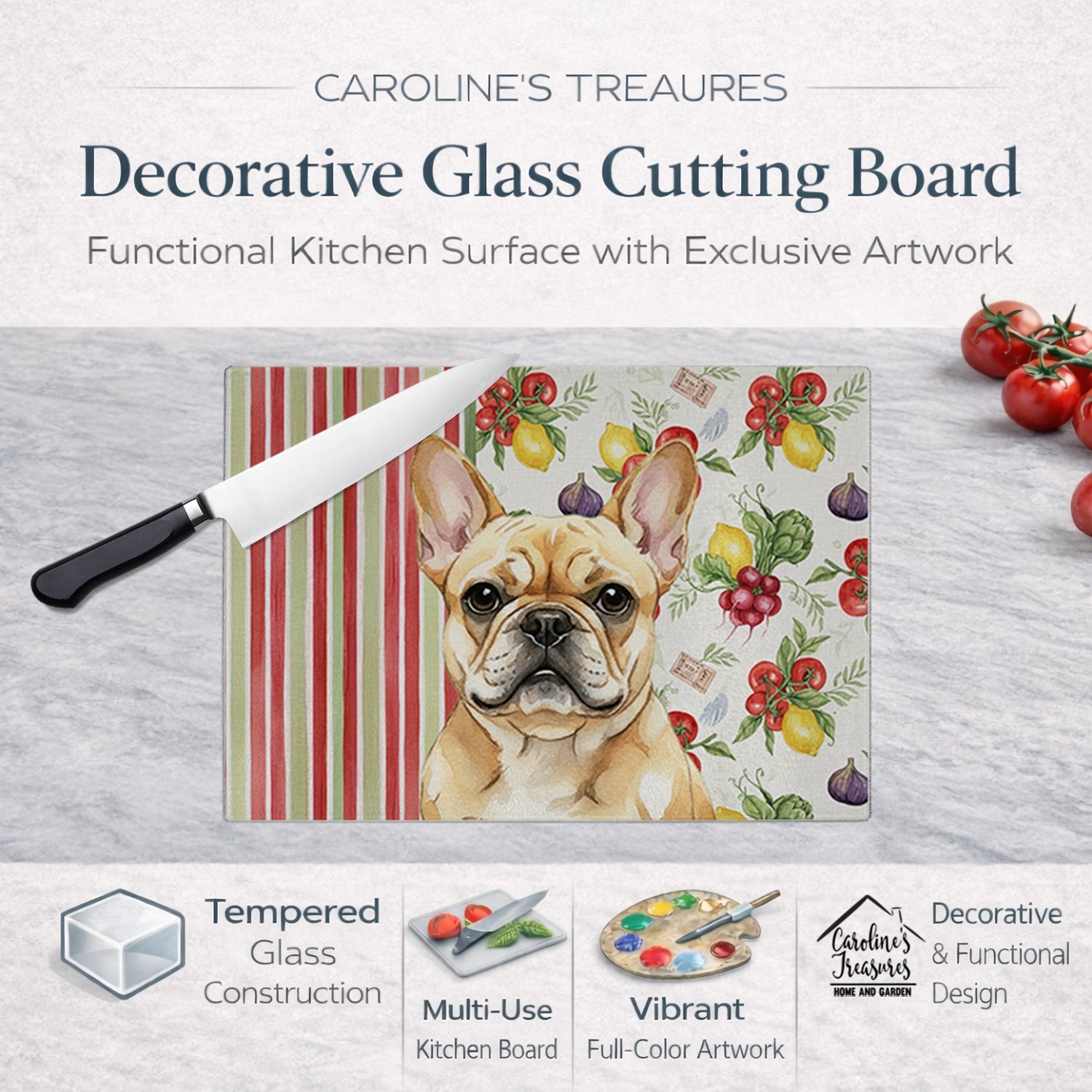 Fawn French Bulldog Vegetables Cutting Board Tempered Glass Kitchen Cutting Surface, Heat Resistant Chopping, Non-Slip Feet, Food Prep & Serving