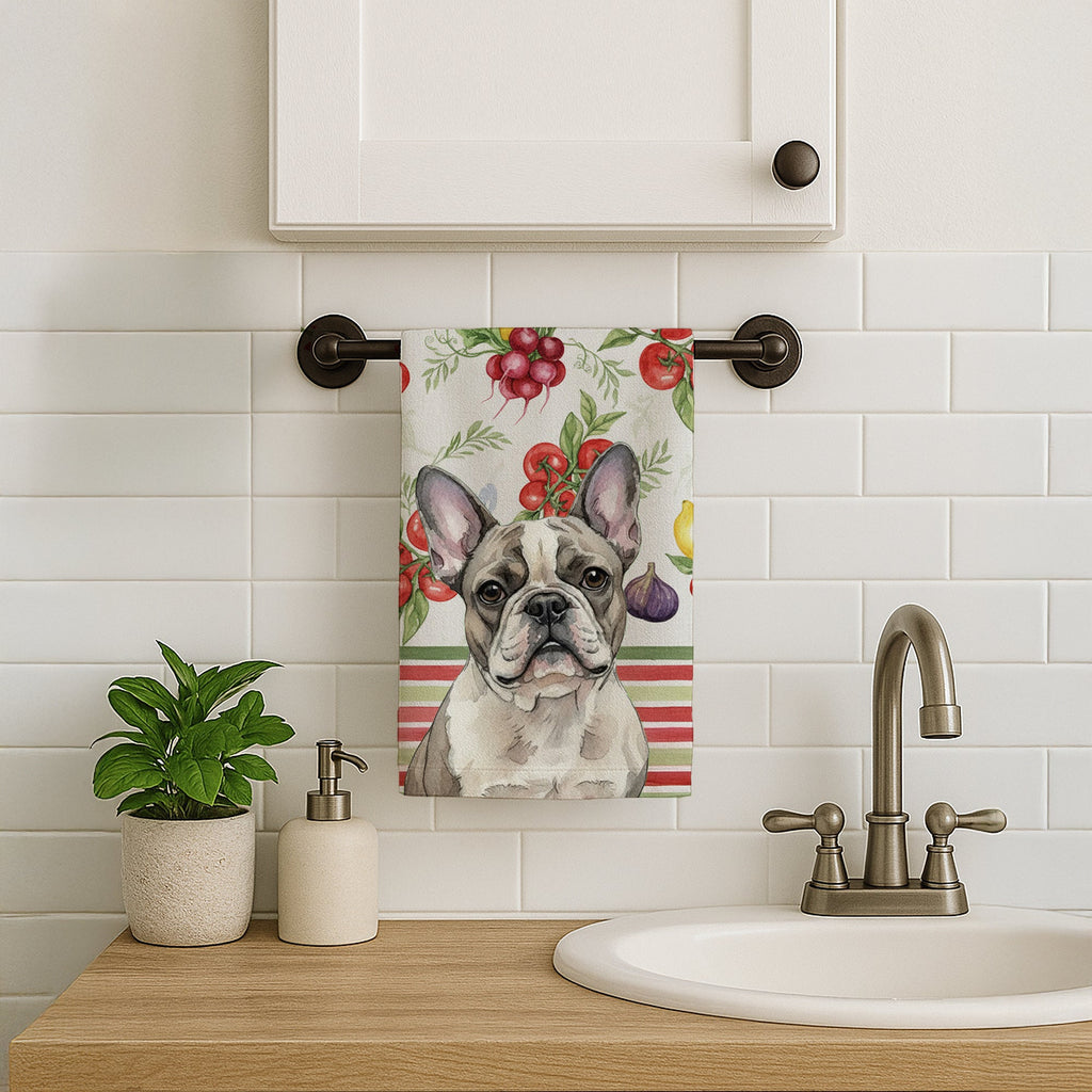 Pied French Bulldog Vegetables Kitchen Towel Velour Plush Front and Cotton Loop Back Machine Washable
