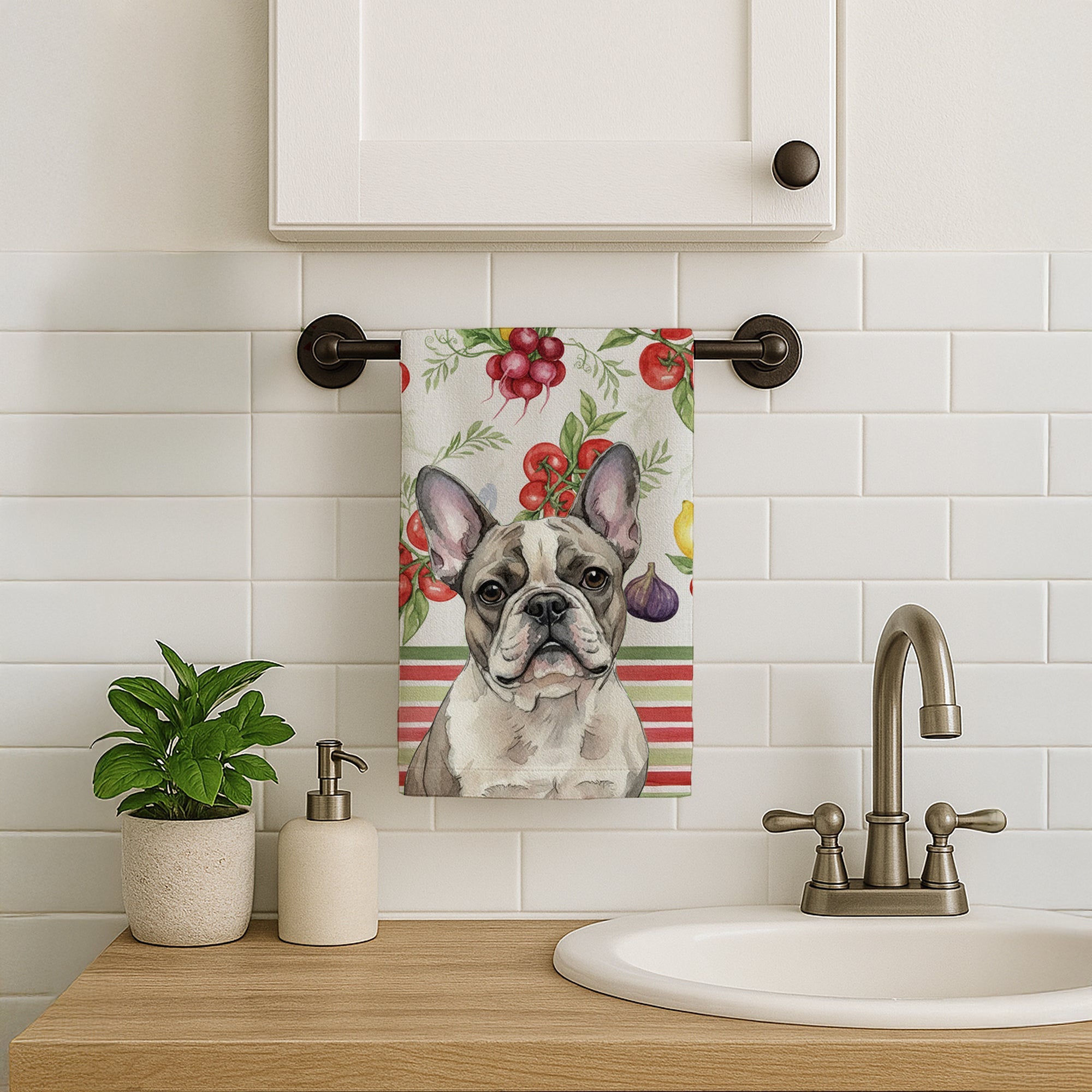 Pied French Bulldog Vegetables Kitchen Towel Velour Plush Front and Cotton Loop Back Machine Washable
