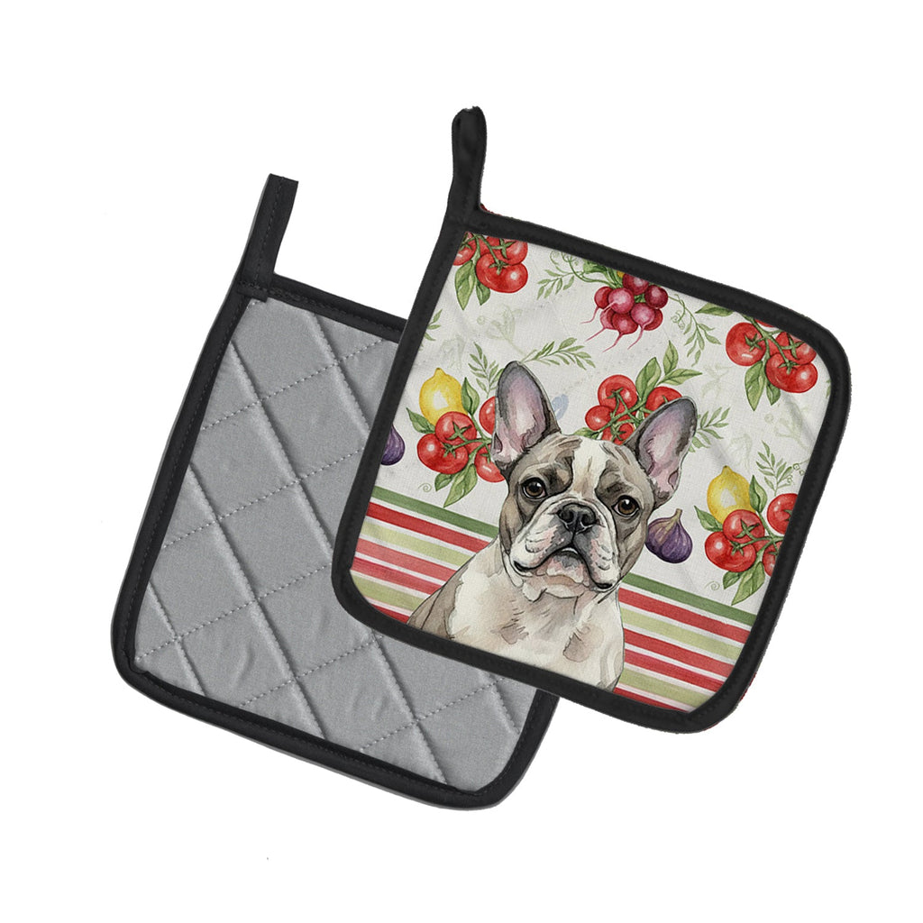 Pied French Bulldog Vegetables Pot Holder Set of 2 Heat Resistant Quilted Hot Pads 7.5 x 7.5 Inch, Insulated Kitchen Trivets for Cooking & Baking
