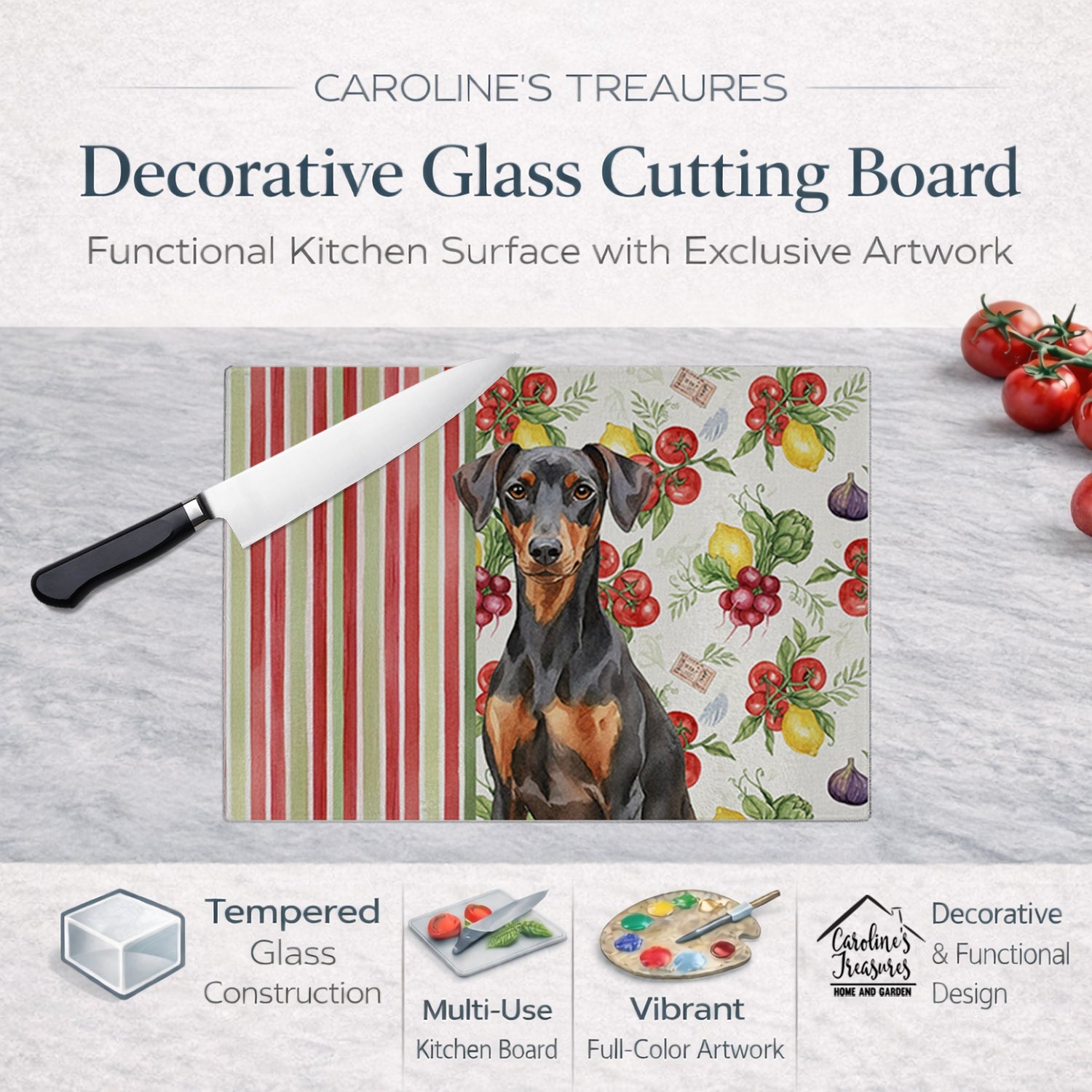 German Pinscher Vegetables Cutting Board Tempered Glass Kitchen Cutting Surface, Heat Resistant Chopping, Non-Slip Feet, Food Prep & Serving