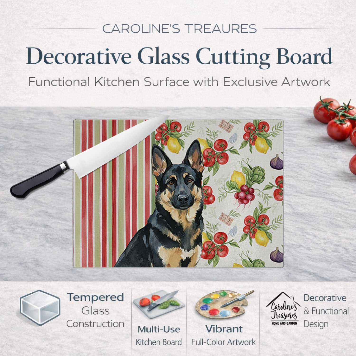 Black and Tan German Shepherd Vegetables Cutting Board Tempered Glass Kitchen Cutting Surface, Heat Resistant Chopping, Non-Slip Feet, Food Prep & Serving