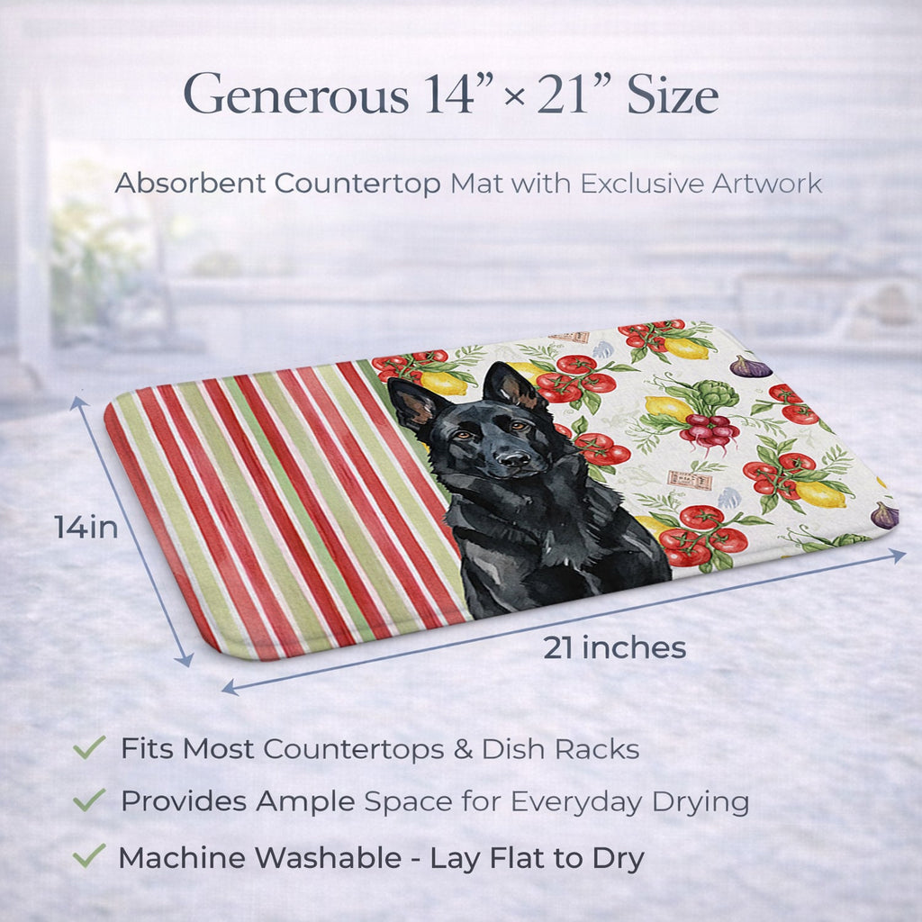 Black German Shepherd Vegetables Dish Drying Mat Absorbent Dish Drying Mat Pad for Kitchen Counter Dish Drainer Mat for Countertop, 14 x 21", Multicolor