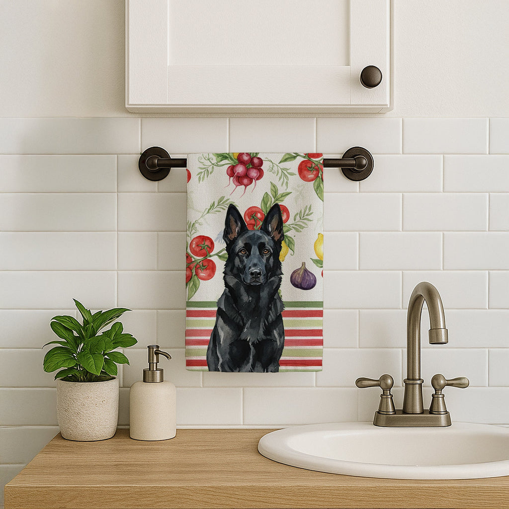 Black German Shepherd Vegetables Kitchen Towel Velour Plush Front and Cotton Loop Back Machine Washable