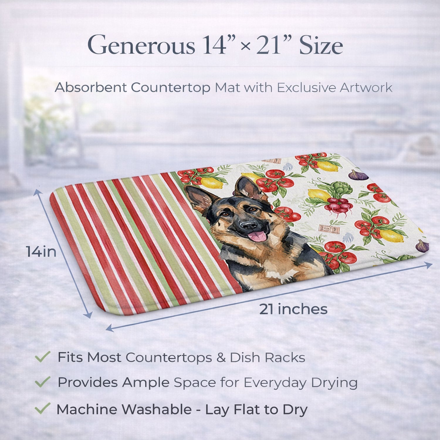 German Shepherd Vegetables Dish Drying Mat Absorbent Dish Drying Mat Pad for Kitchen Counter Dish Drainer Mat for Countertop, 14 x 21", Multicolor