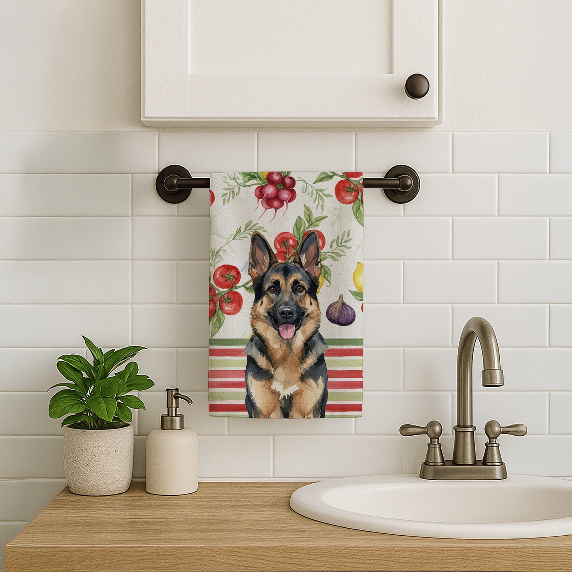 German Shepherd Vegetables Kitchen Towel Velour Plush Front and Cotton Loop Back Machine Washable