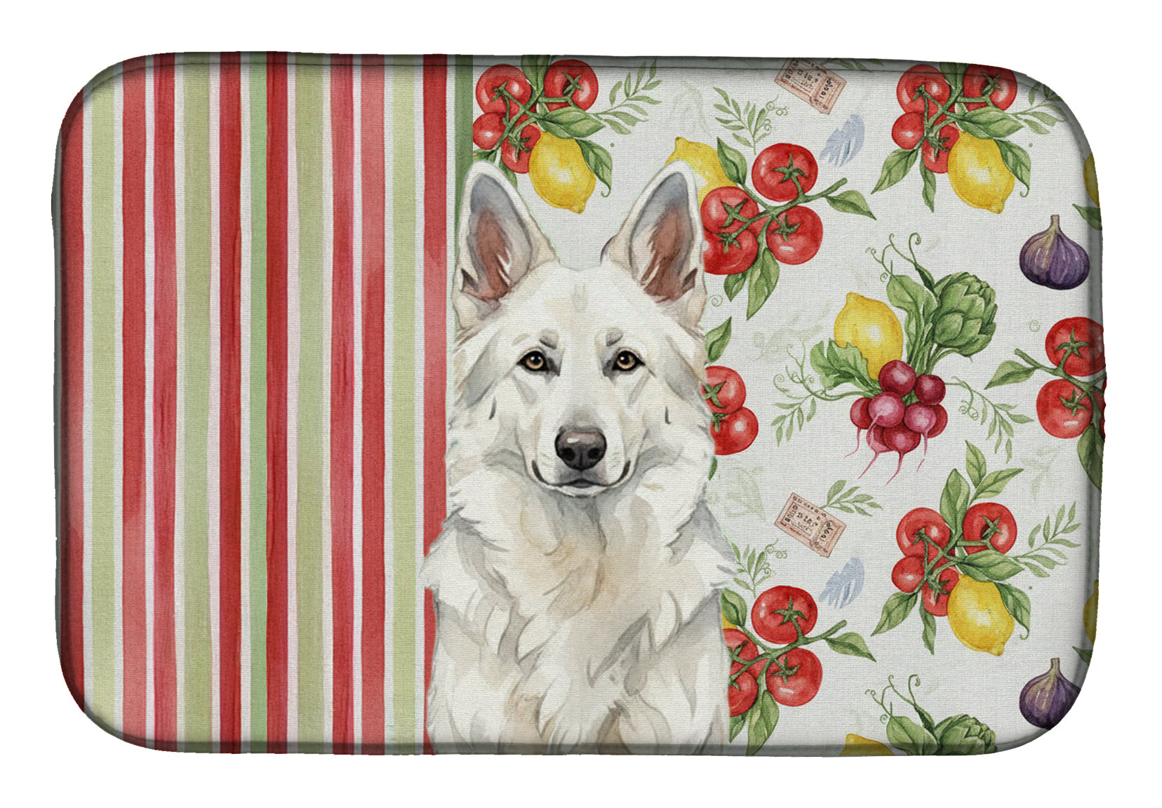 White German Shepherd Vegetables Dish Drying Mat Absorbent Dish Drying Mat Pad for Kitchen Counter Dish Drainer Mat for Countertop, 14 x 21", Multicolor