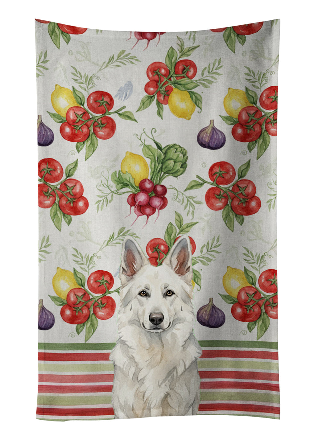 White German Shepherd Vegetables Kitchen Towel Velour Plush Front and Cotton Loop Back Machine Washable