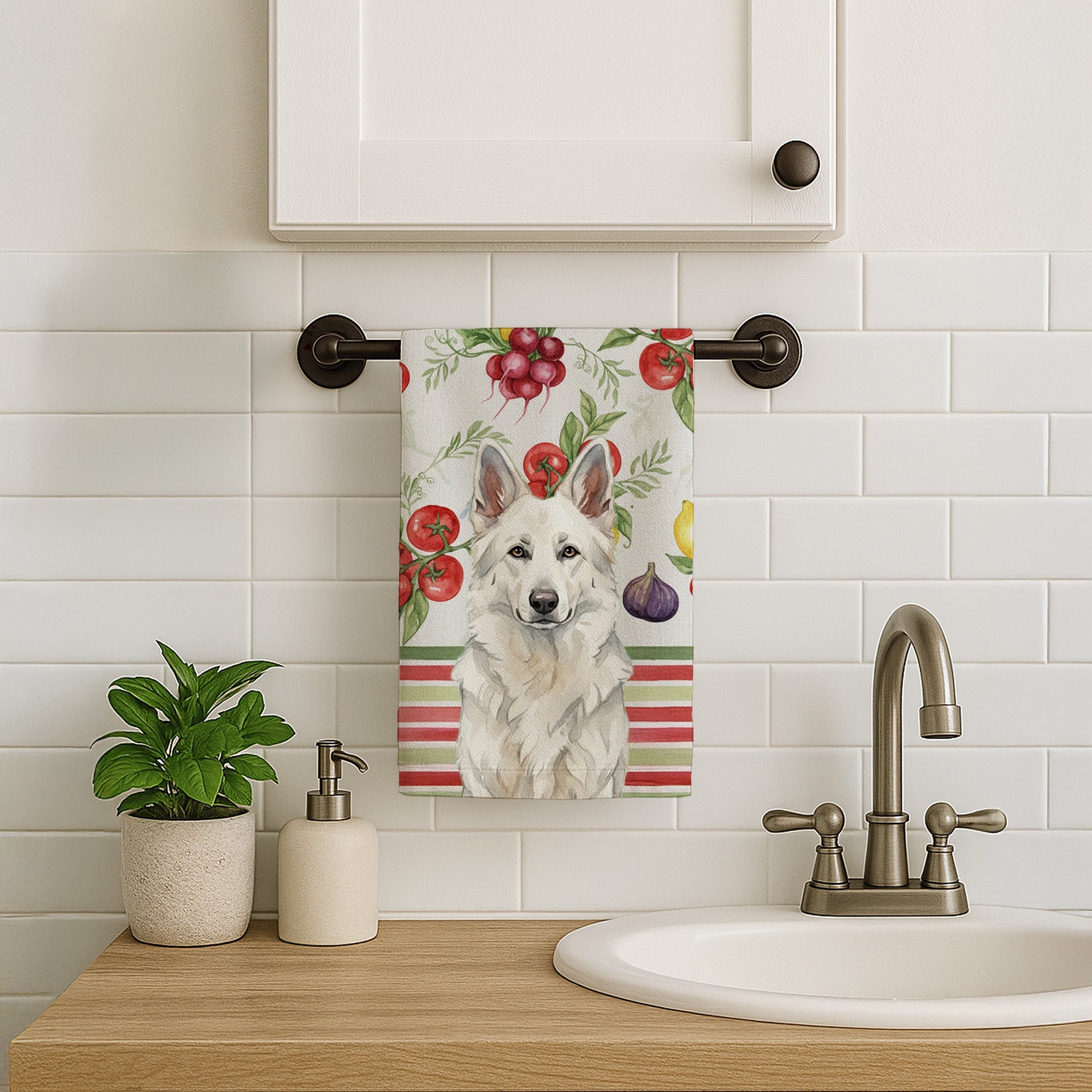 White German Shepherd Vegetables Kitchen Towel Velour Plush Front and Cotton Loop Back Machine Washable