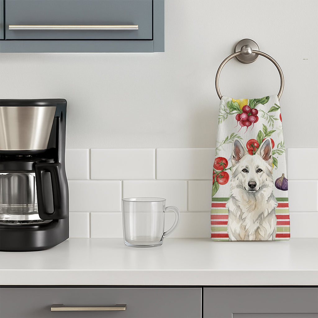 White German Shepherd Vegetables Kitchen Towel Velour Plush Front and Cotton Loop Back Machine Washable