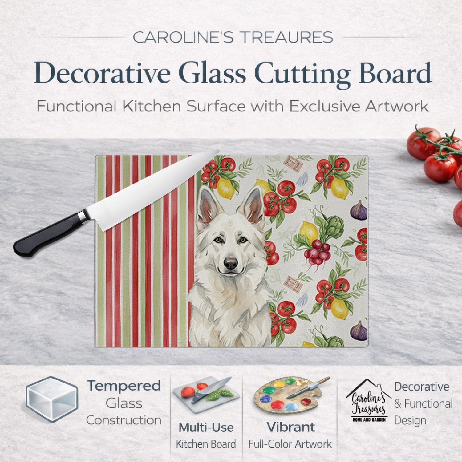White German Shepherd Vegetables Cutting Board Tempered Glass Kitchen Cutting Surface, Heat Resistant Chopping, Non-Slip Feet, Food Prep & Serving