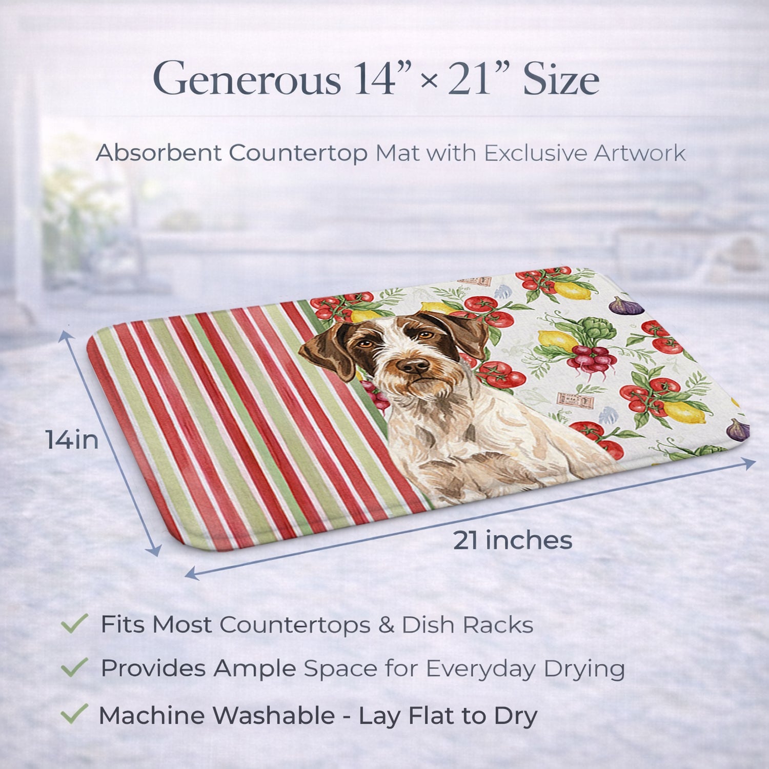 Liver and White German Wirehaired Pointer Vegetables Dish Drying Mat Absorbent Dish Drying Mat Pad for Kitchen Counter Dish Drainer Mat for Countertop, 14 x 21", Multicolor