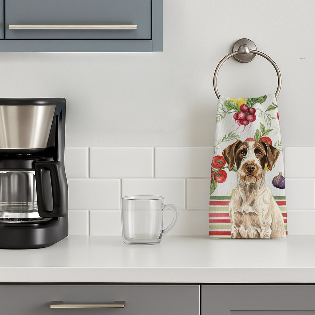 Liver and White German Wirehaired Pointer Vegetables Kitchen Towel Velour Plush Front and Cotton Loop Back Machine Washable