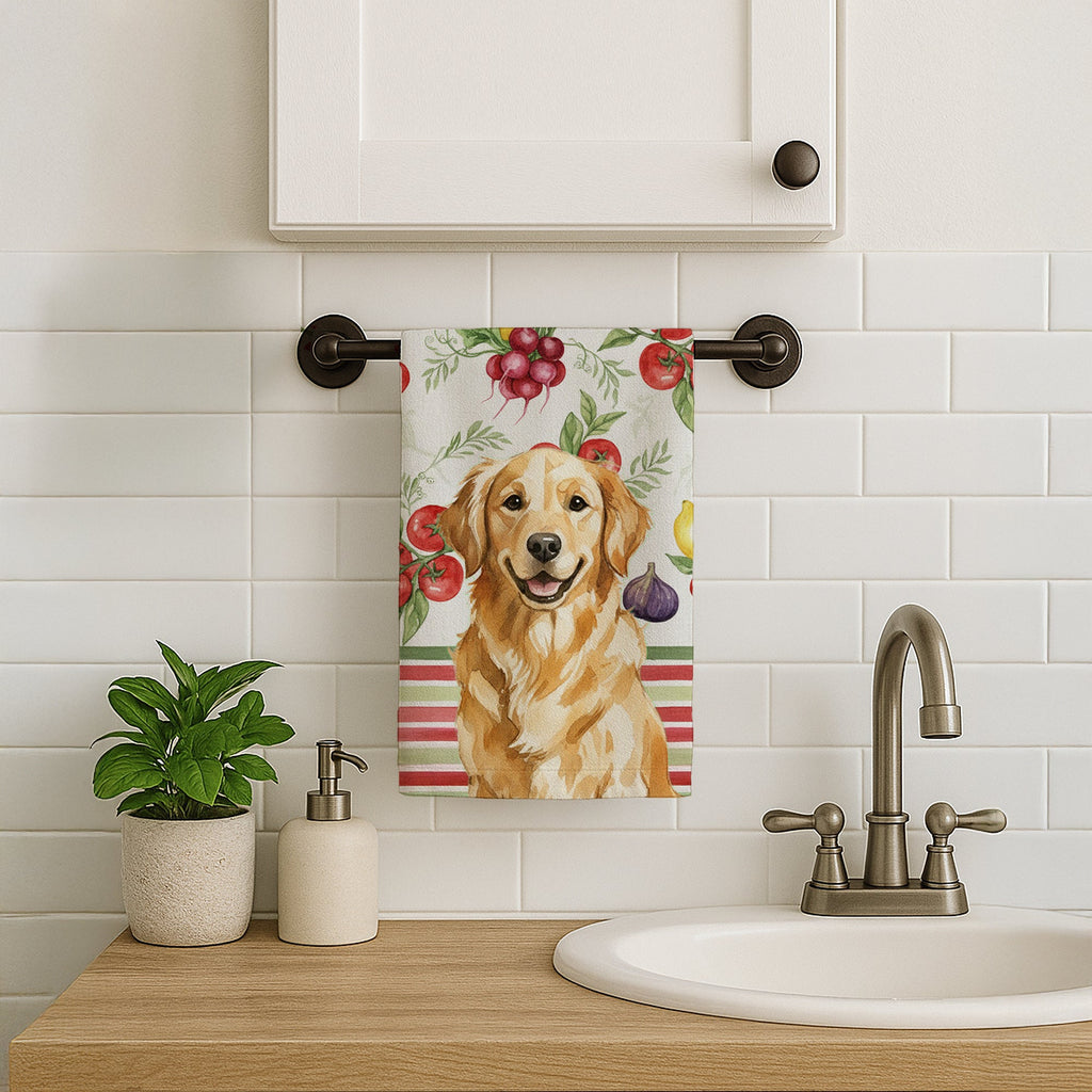Golden Retriever Vegetables Kitchen Towel Velour Plush Front and Cotton Loop Back Machine Washable