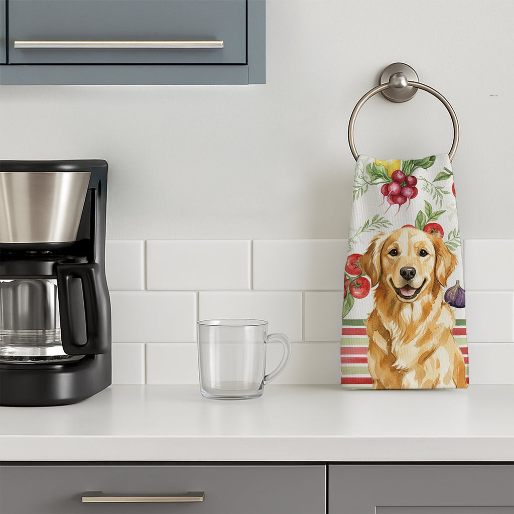 Golden Retriever Vegetables Kitchen Towel Velour Plush Front and Cotton Loop Back Machine Washable