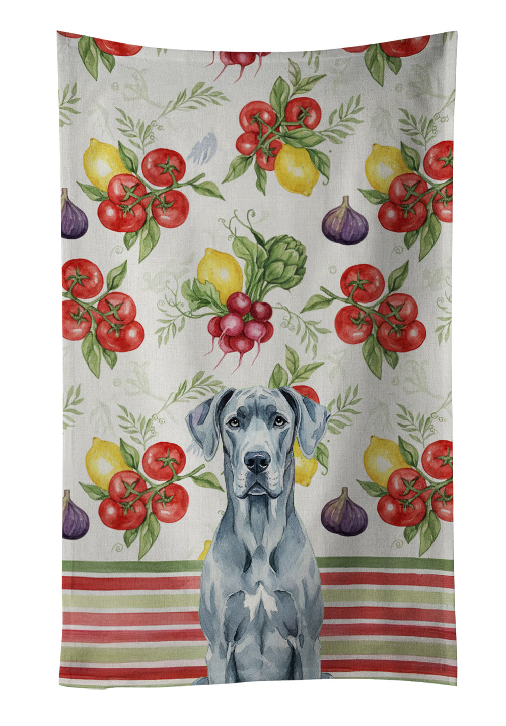 Blue Great Dane Vegetables Kitchen Towel Velour Plush Front and Cotton Loop Back Machine Washable