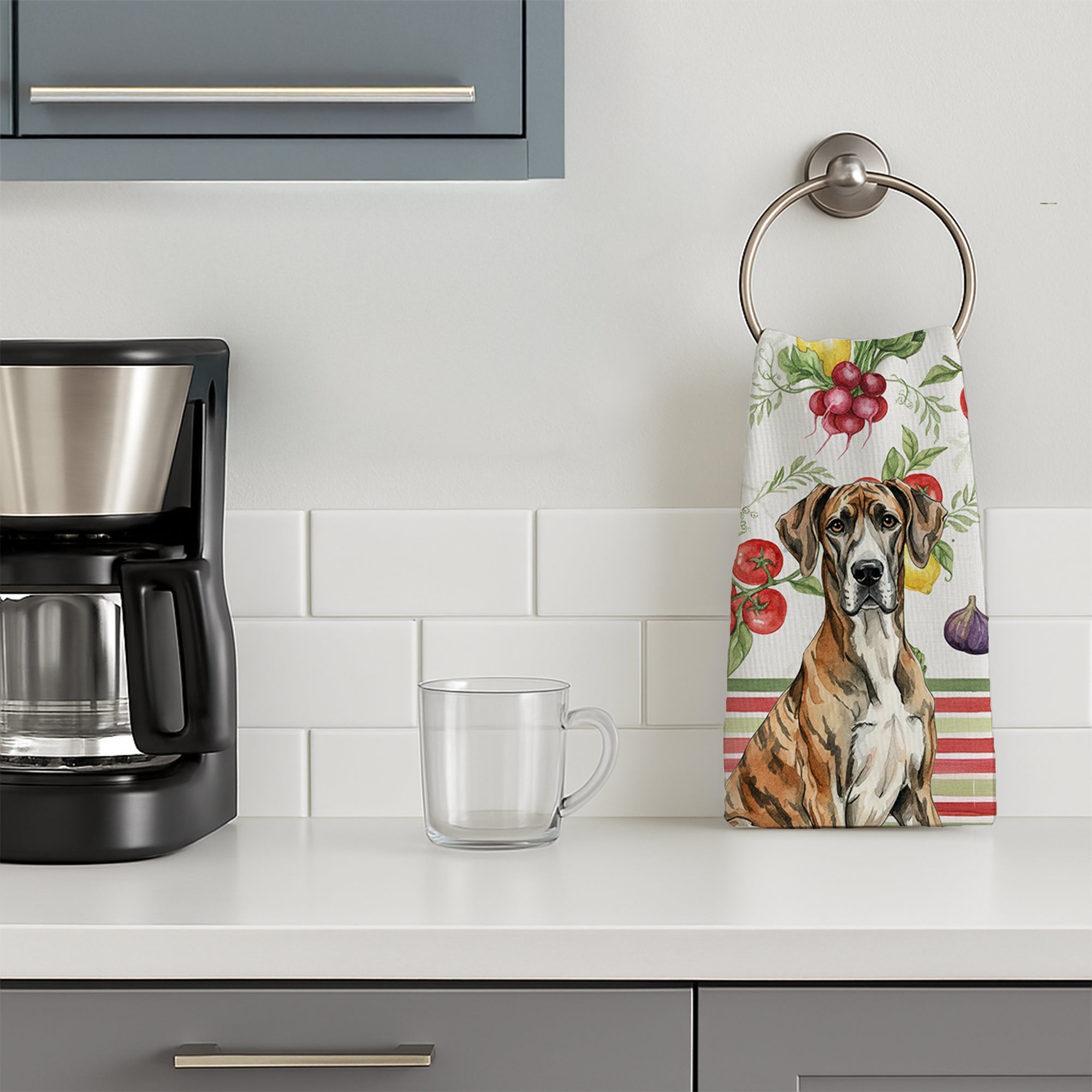 Brindle Great Dane Vegetables Kitchen Towel Velour Plush Front and Cotton Loop Back Machine Washable