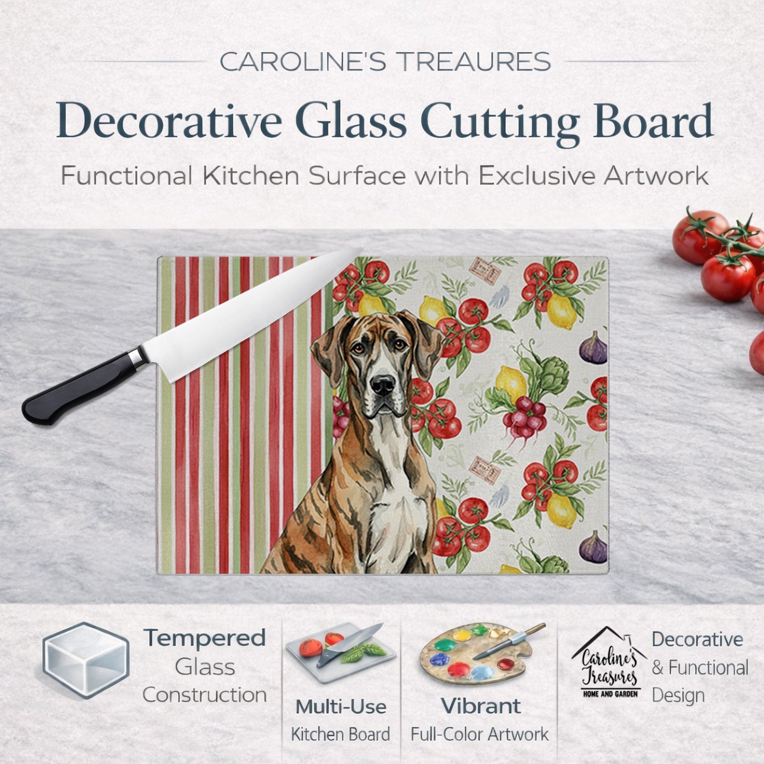 Brindle Great Dane Vegetables Cutting Board Tempered Glass Kitchen Cutting Surface, Heat Resistant Chopping, Non-Slip Feet, Food Prep & Serving