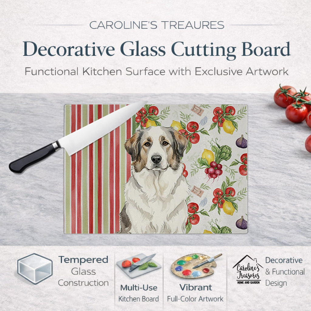Badger Great Pyrenees Vegetables Cutting Board Tempered Glass Kitchen Cutting Surface, Heat Resistant Chopping, Non-Slip Feet, Food Prep & Serving