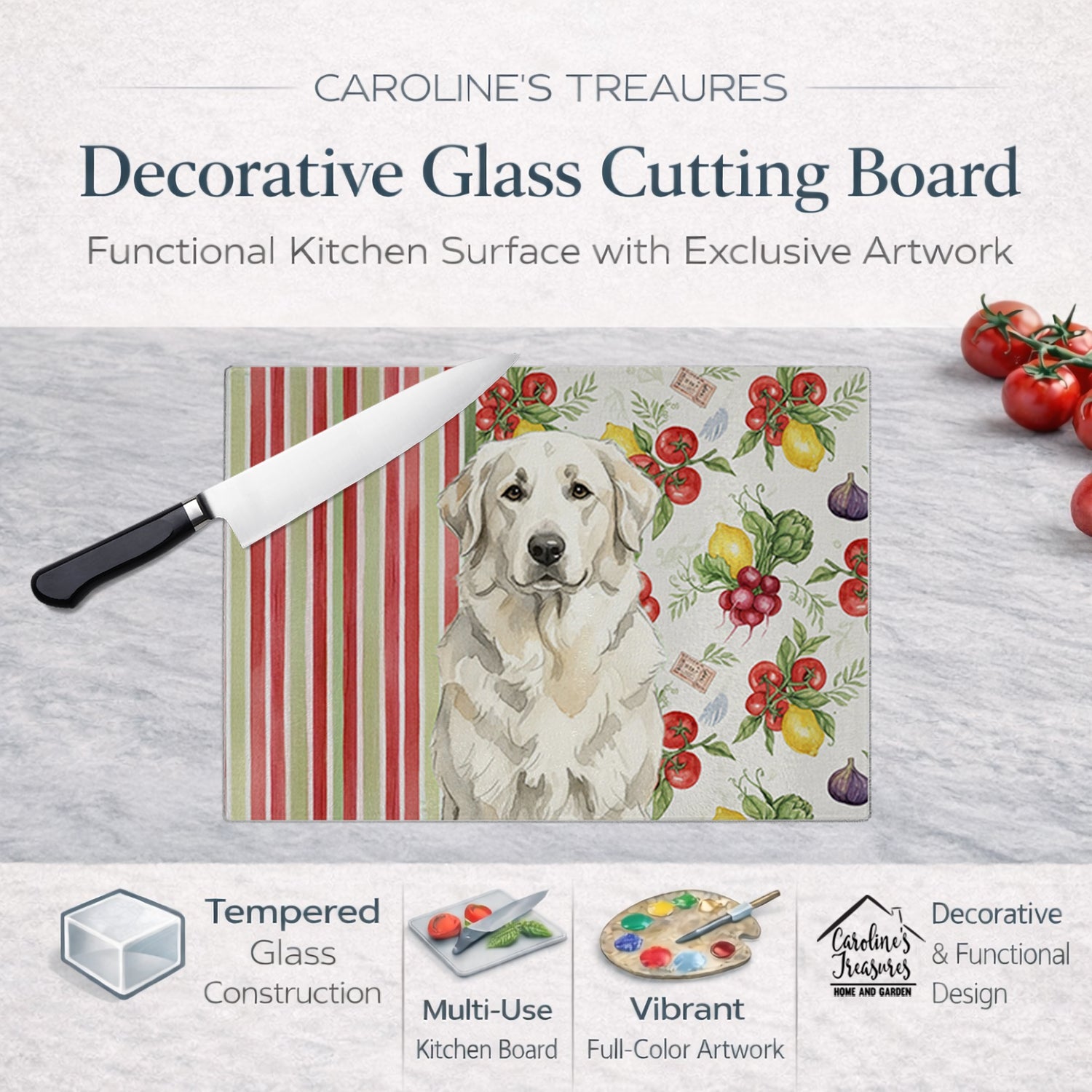 White Great Pyrenees Vegetables Cutting Board Tempered Glass Kitchen Cutting Surface, Heat Resistant Chopping, Non-Slip Feet, Food Prep & Serving