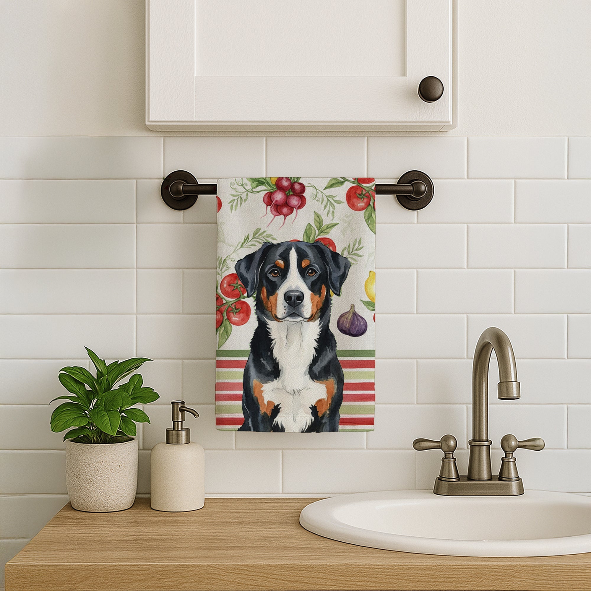 Greater Swiss Mountain Dog Vegetables Kitchen Towel Velour Plush Front and Cotton Loop Back Machine Washable
