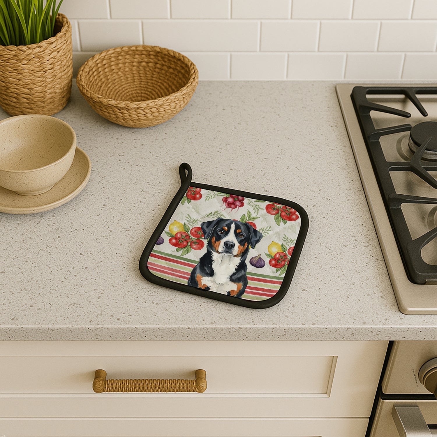 Greater Swiss Mountain Dog Vegetables Pot Holder Set of 2 Heat Resistant Quilted Hot Pads 7.5 x 7.5 Inch, Insulated Kitchen Trivets for Cooking & Baking