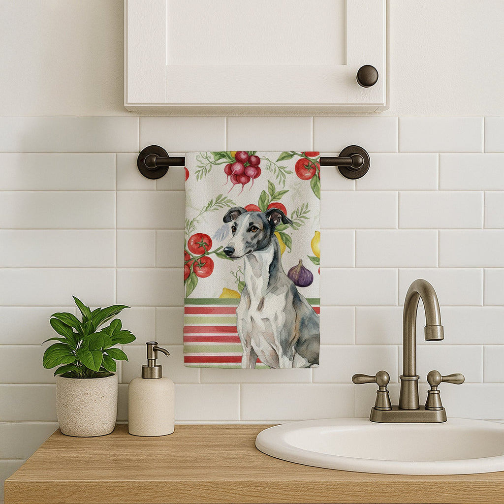 Black and White Greyhound Vegetables Kitchen Towel Velour Plush Front and Cotton Loop Back Machine Washable