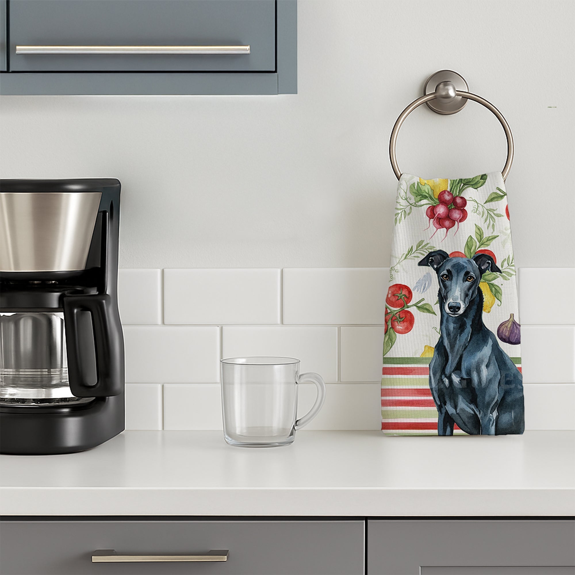 Black Greyhound Vegetables Kitchen Towel Velour Plush Front and Cotton Loop Back Machine Washable