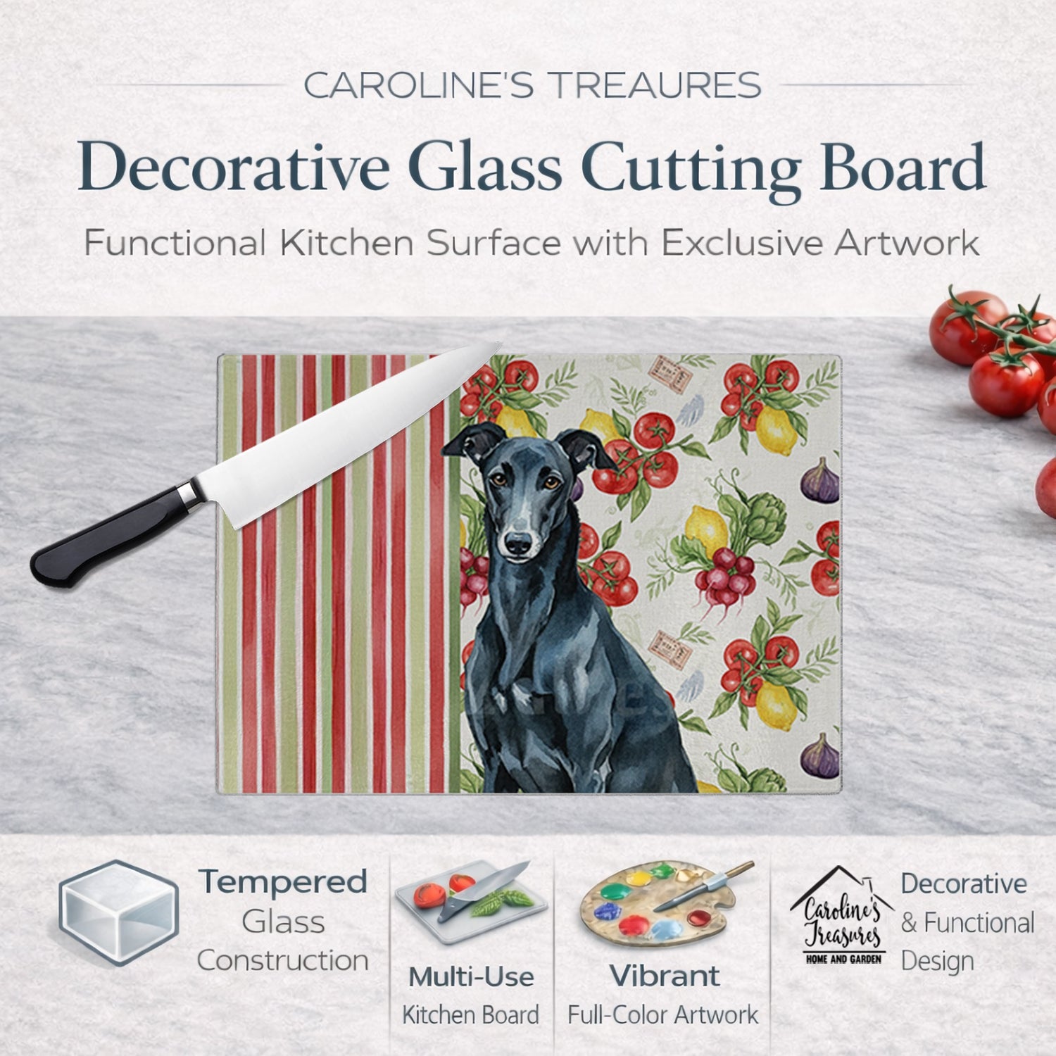Black Greyhound Vegetables Cutting Board Tempered Glass Kitchen Cutting Surface, Heat Resistant Chopping, Non-Slip Feet, Food Prep & Serving
