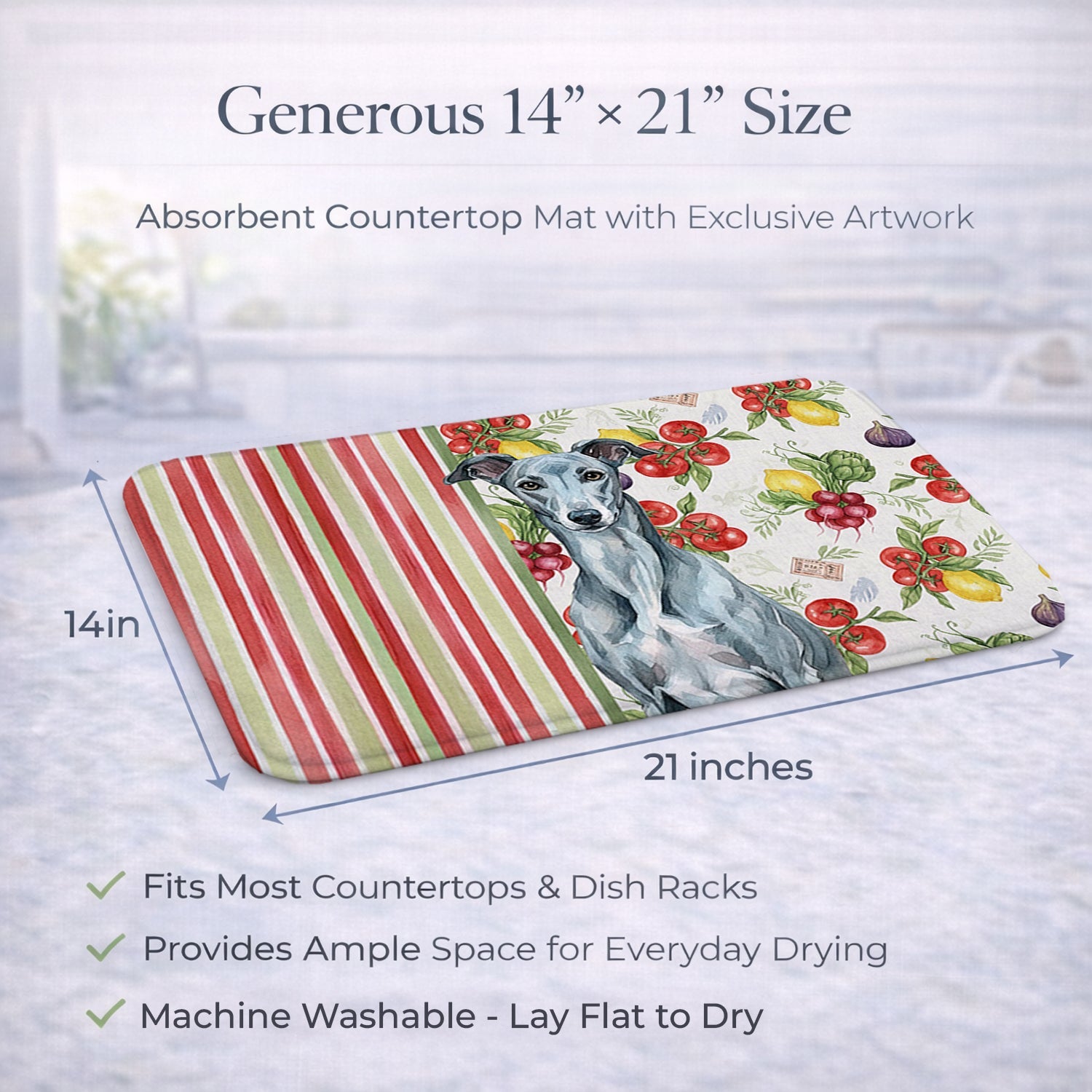 Blue Brindle Greyhound Vegetables Dish Drying Mat Absorbent Dish Drying Mat Pad for Kitchen Counter Dish Drainer Mat for Countertop, 14 x 21", Multicolor