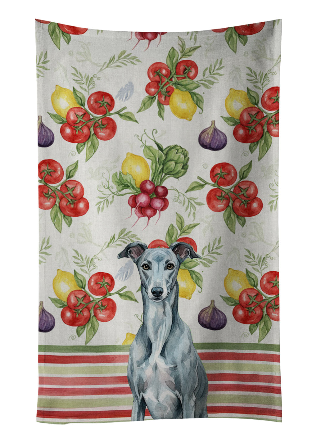Blue Brindle Greyhound Vegetables Kitchen Towel Velour Plush Front and Cotton Loop Back Machine Washable
