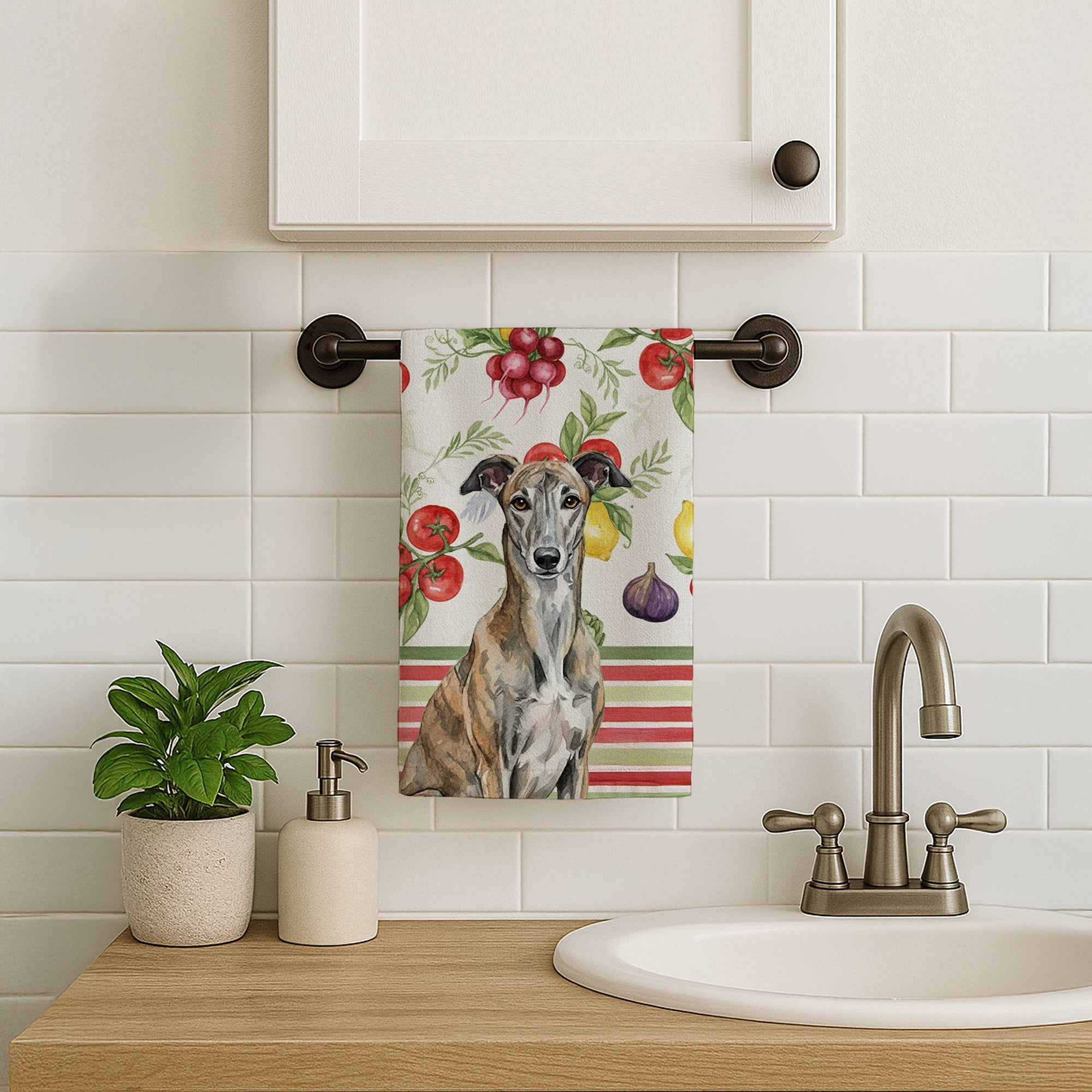 Brindle Greyhound Vegetables Kitchen Towel Velour Plush Front and Cotton Loop Back Machine Washable
