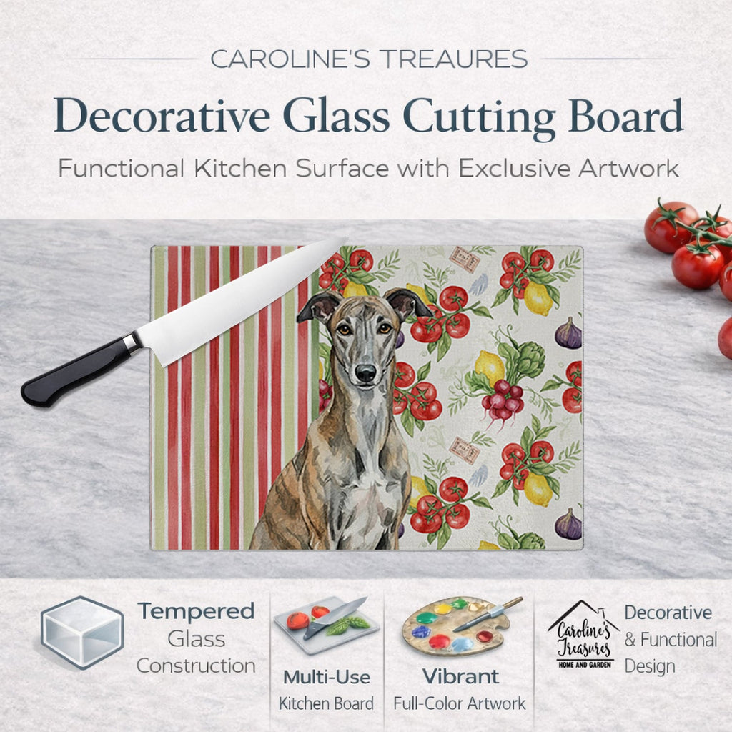 Brindle Greyhound Vegetables Cutting Board Tempered Glass Kitchen Cutting Surface, Heat Resistant Chopping, Non-Slip Feet, Food Prep & Serving